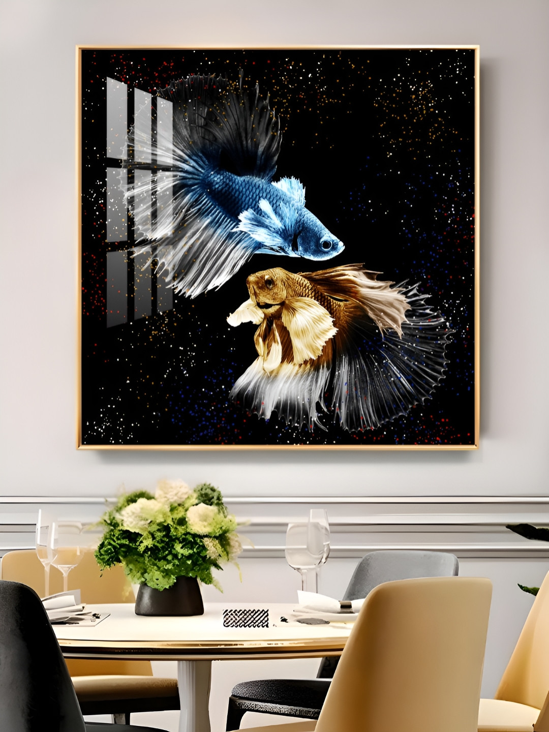 THE NEXT DECOR Black & Blue Obsidian Two Fishes Glass Finish Square Wall Art