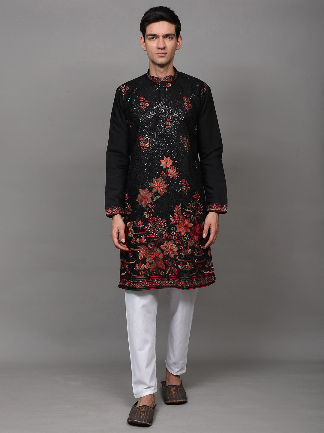 Exotic India Men Sequins Embroidered Wedding Kurta Pajama with Thread work Flowers