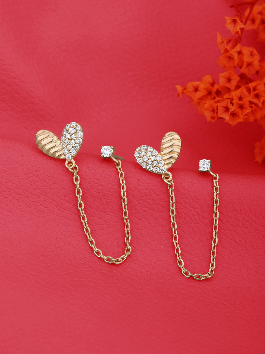 Carlton London 18kt Rose Gold Plated and CZ Double Stud with Chain Earring