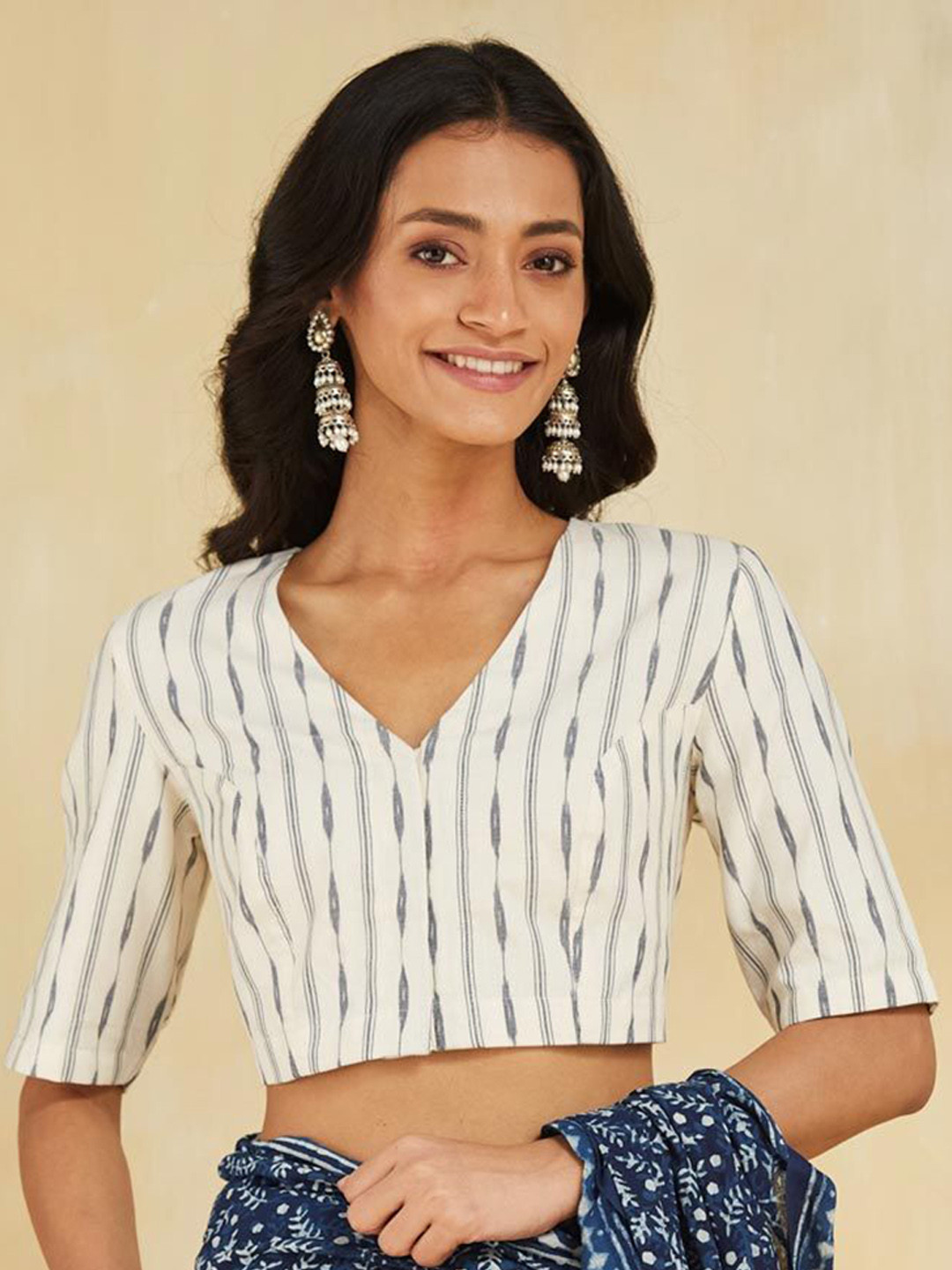 Fabindia Ikat Printed Cotton Stitched Saree Blouse
