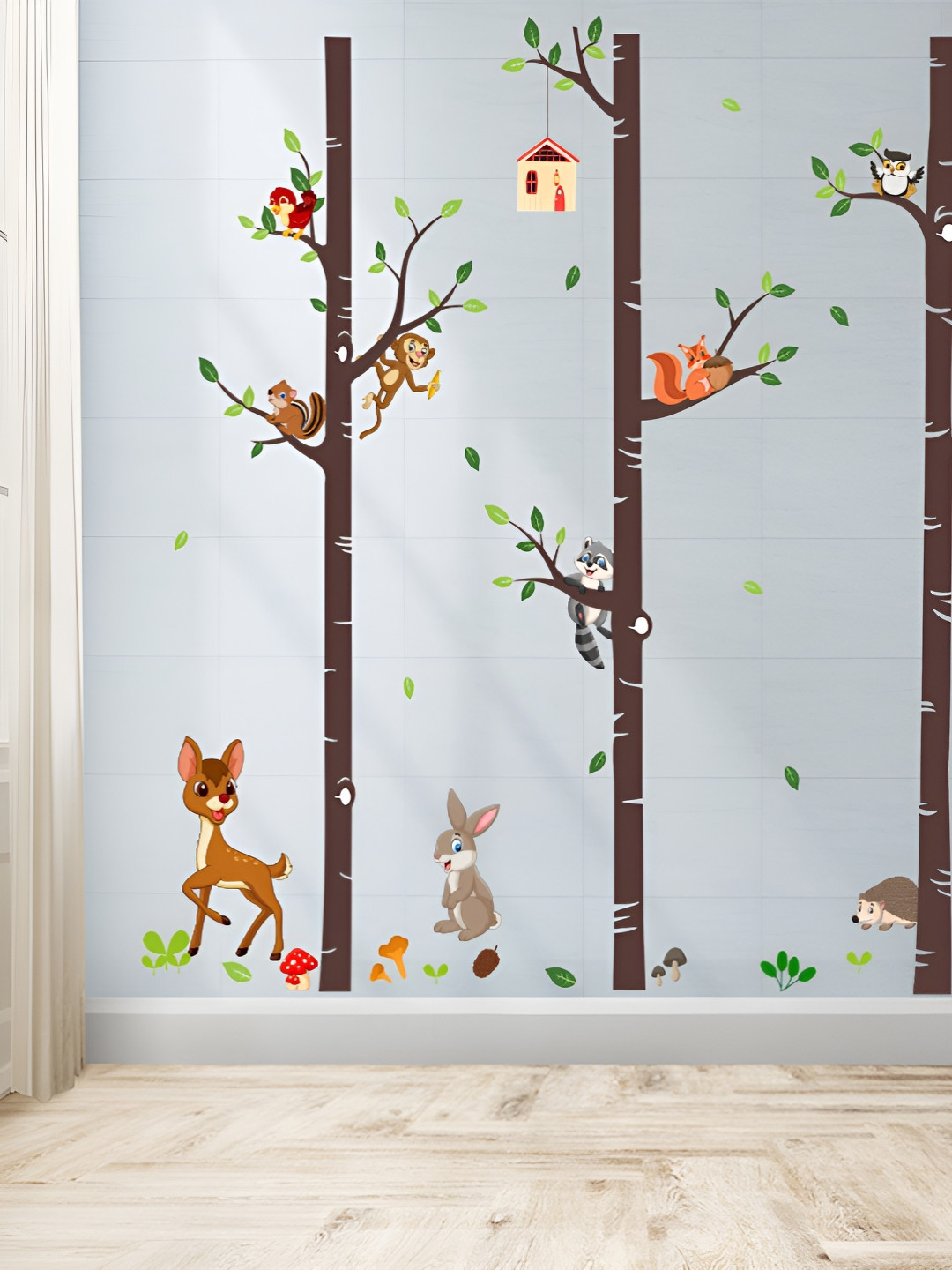 INDIAN ROYALS Brown & Green Trees, Animals Printed Self-Adhesive & Durable Wall Sticker