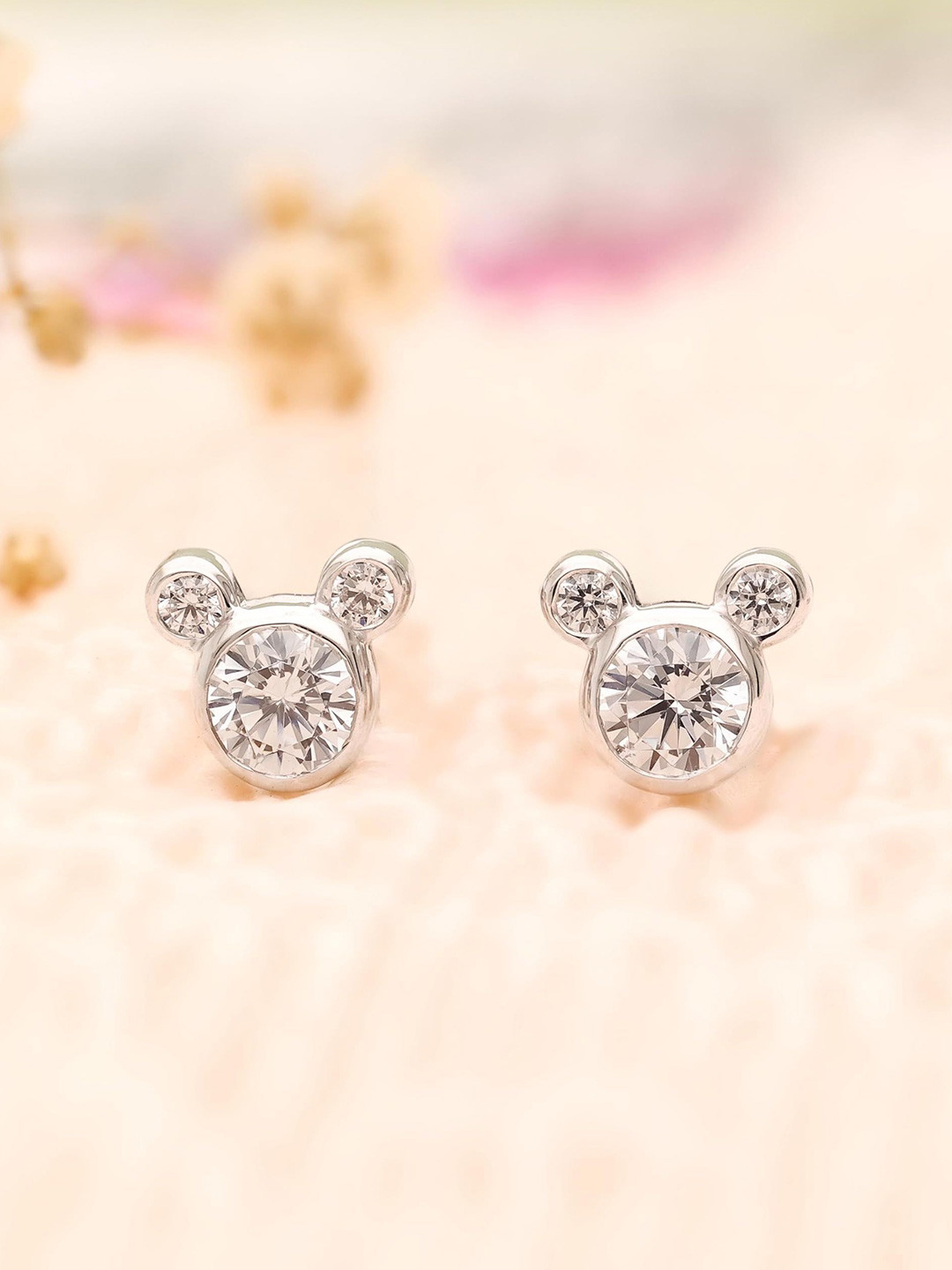 AMONROO 92.5 Sterling Silver Rhodium-Plated Mouse Face Shaped Cubic Zirconia Stud Earrings
