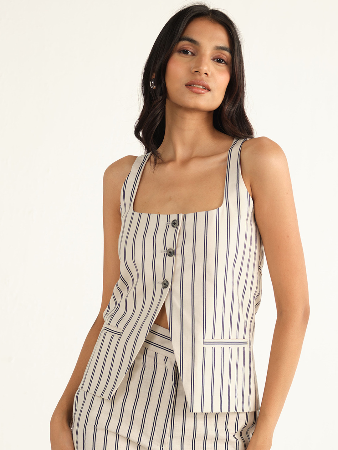Shop Staple Women Beige Striped Waistcoat