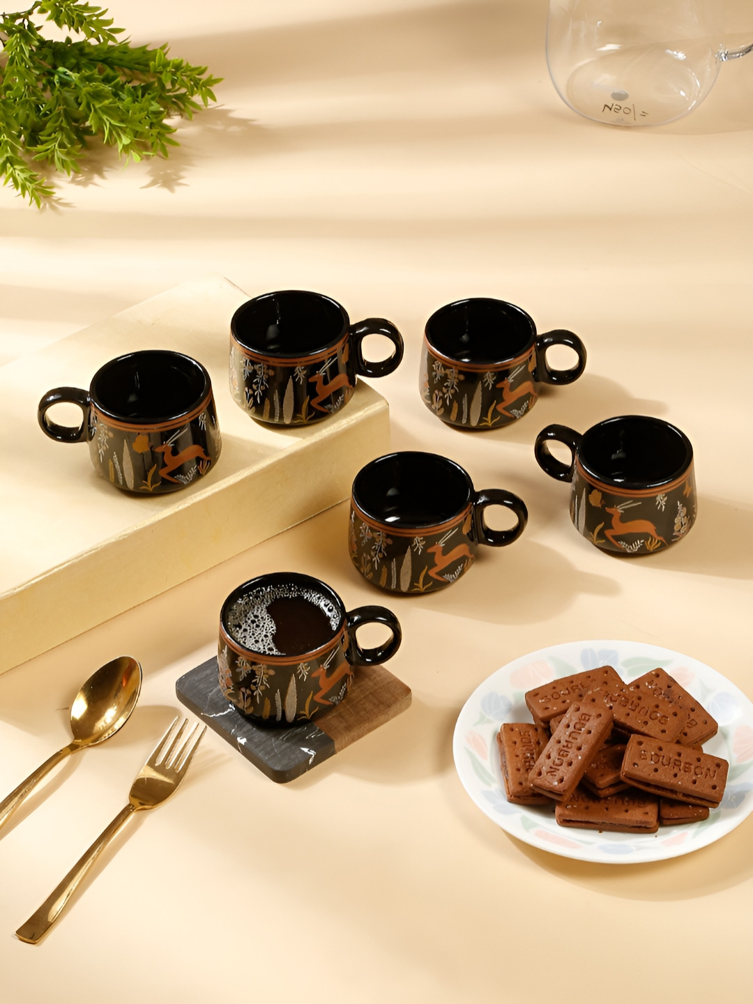 Myntra Elegant Homes Studio Pottery Black Animal Print Ceramic Handcrafted 6 Piece Cups-170ml
