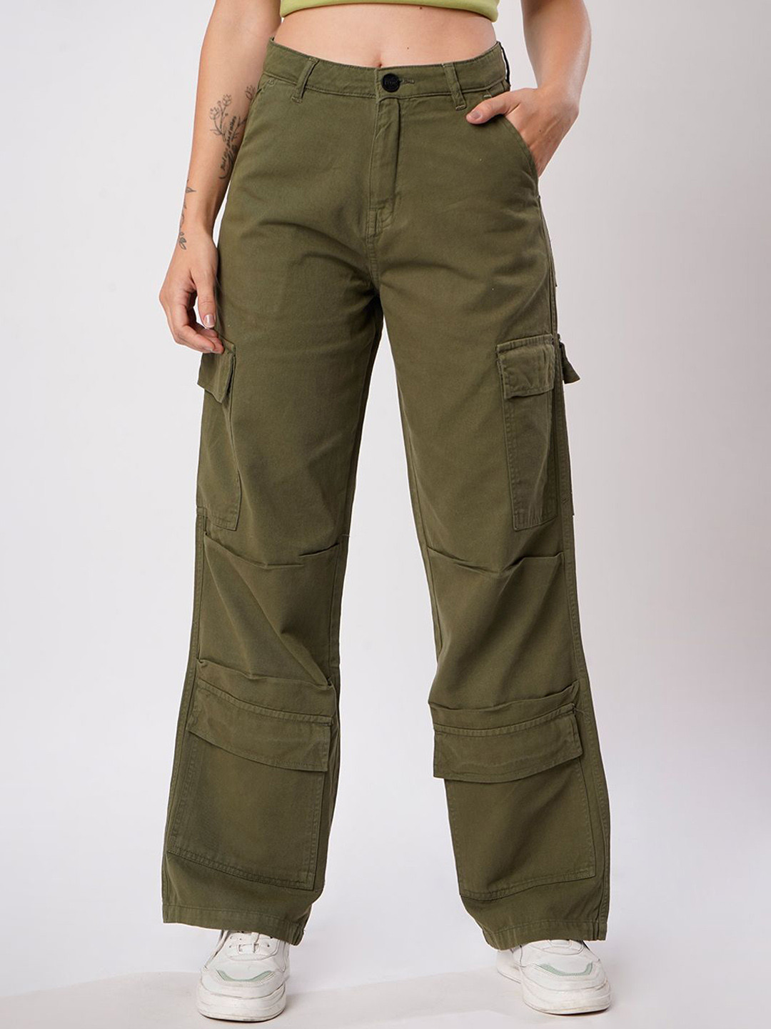 IVOC Women Solid High-Rise Relax Fit Cargos Trousers