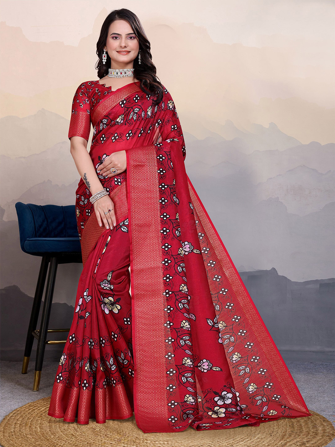 Sadika Floral Zari Silk Blend Tussar Saree