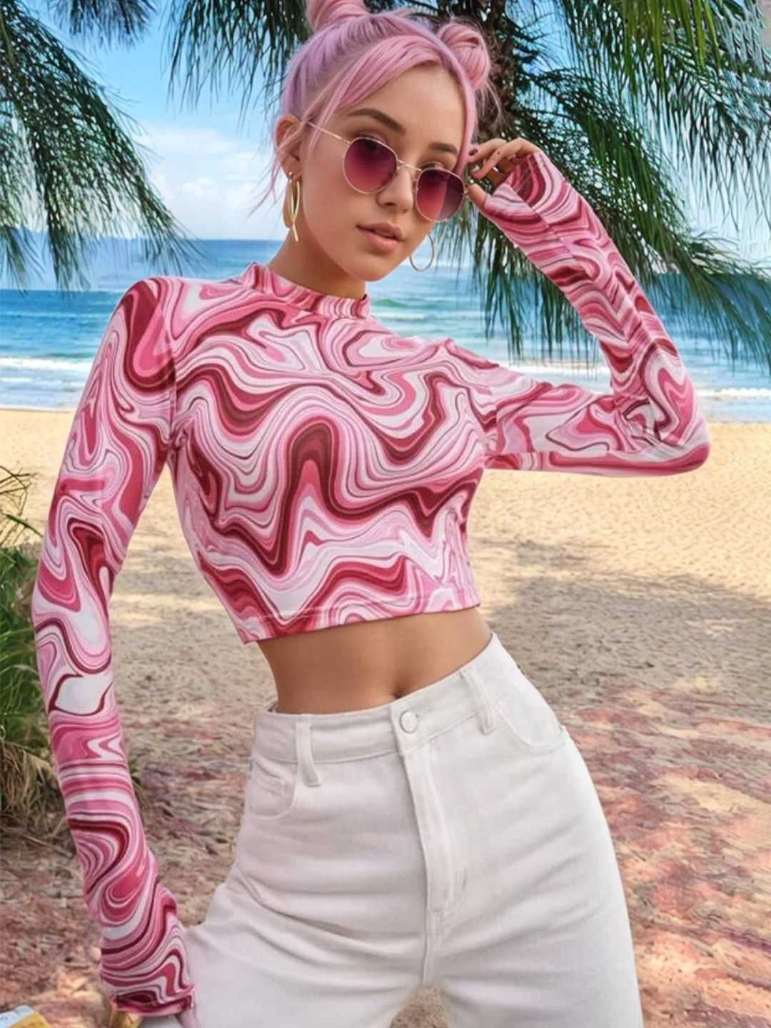 DressBerry Womenl Printed High Neck Crop Top