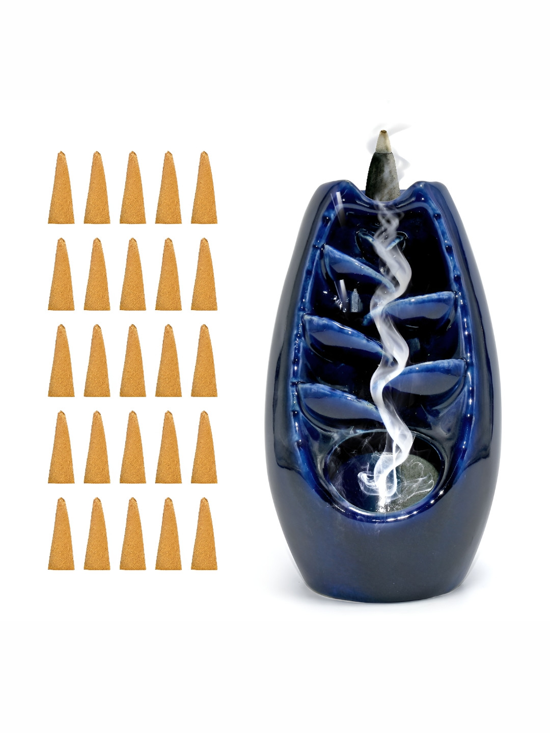 Amoorcart Waterfall Smoke Backflow Fountain Blue Ceramic Matte Living Room Fountain Medium Showpiece - 7.9 Inches