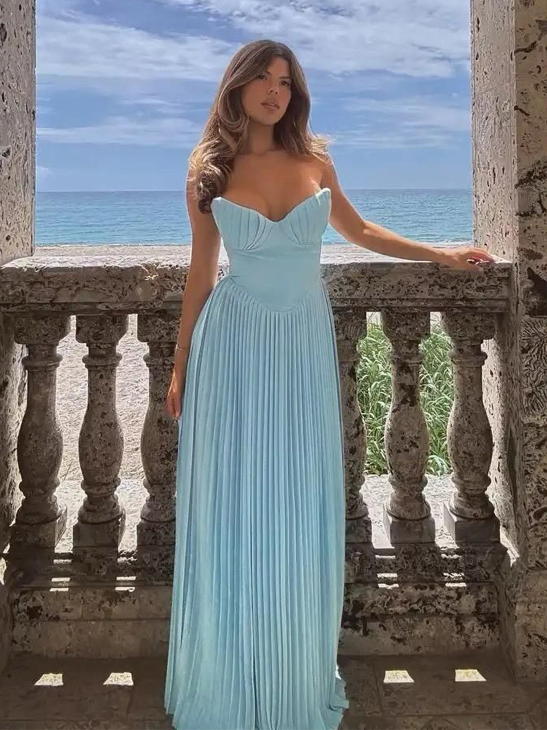 Miss Mosa By Akanksha  Women Blue Mary Off Shoulder Pleated Maxi Dress