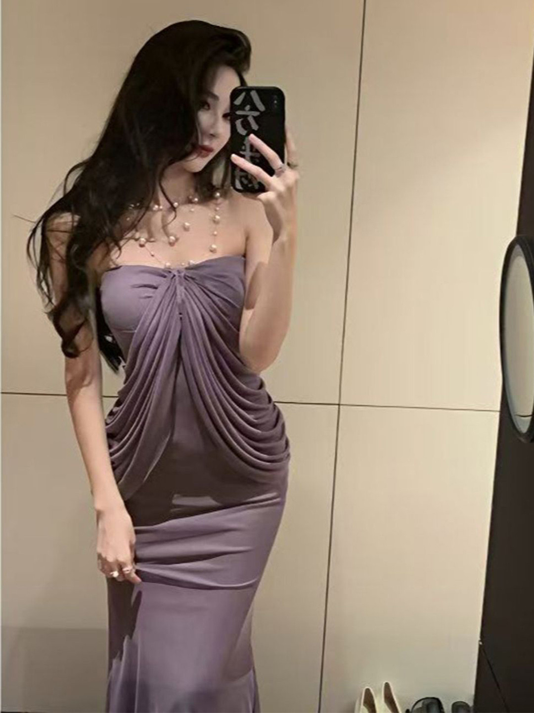 bebe Strapless Ruched Draped Midi Dress