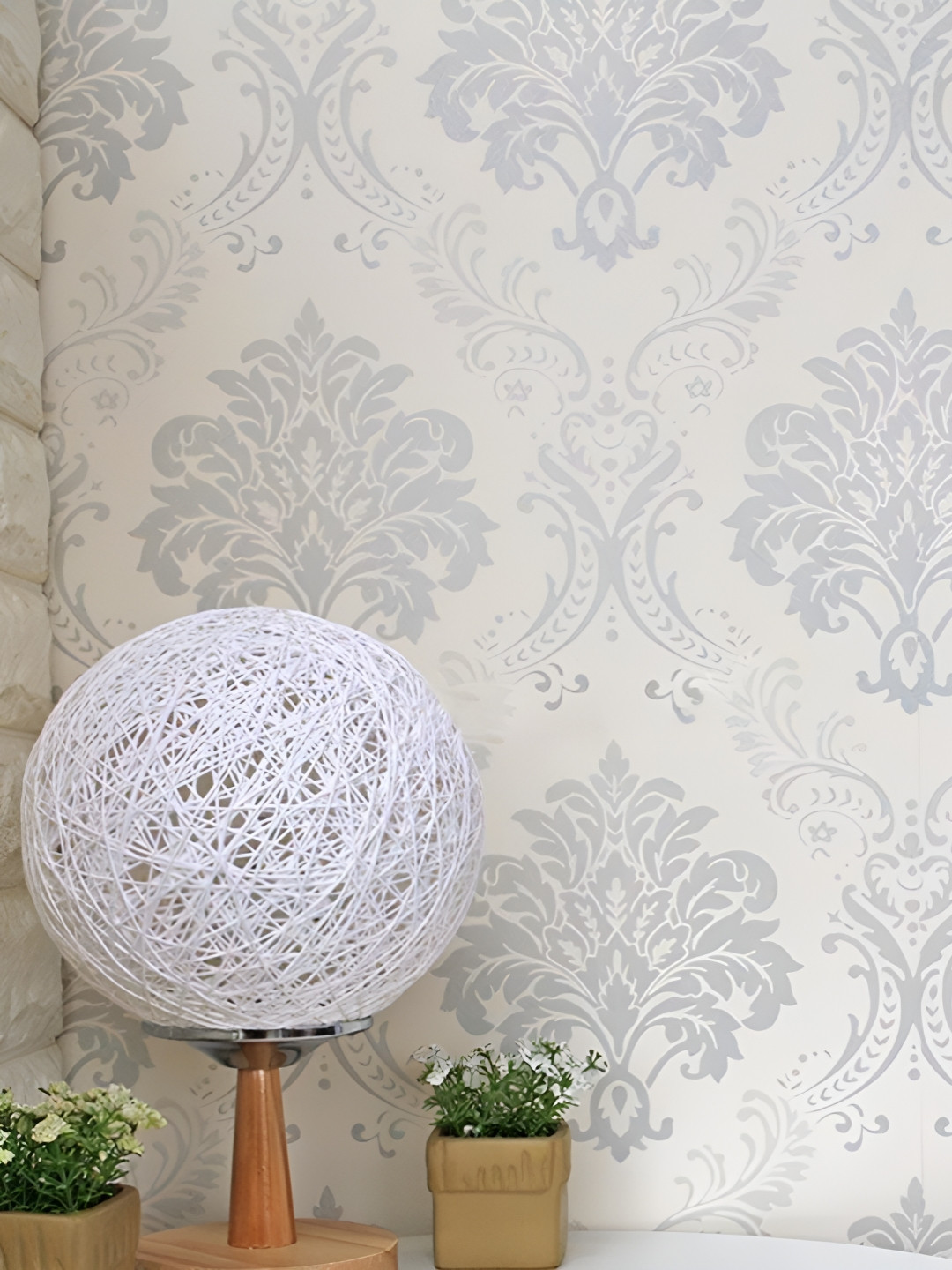 INDIAN ROYALS Silver Damask Design Printed Self-Adhesive & Durable Wall Sticker