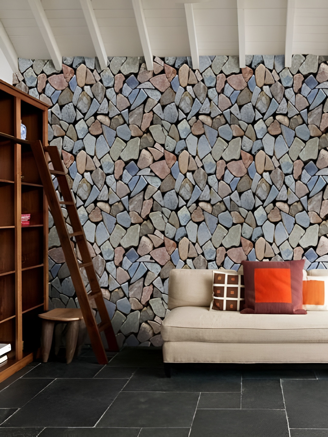 INDIAN ROYALS Blue & Red Stone Brick Printed Self-Adhesive & Durable Wall Sticker