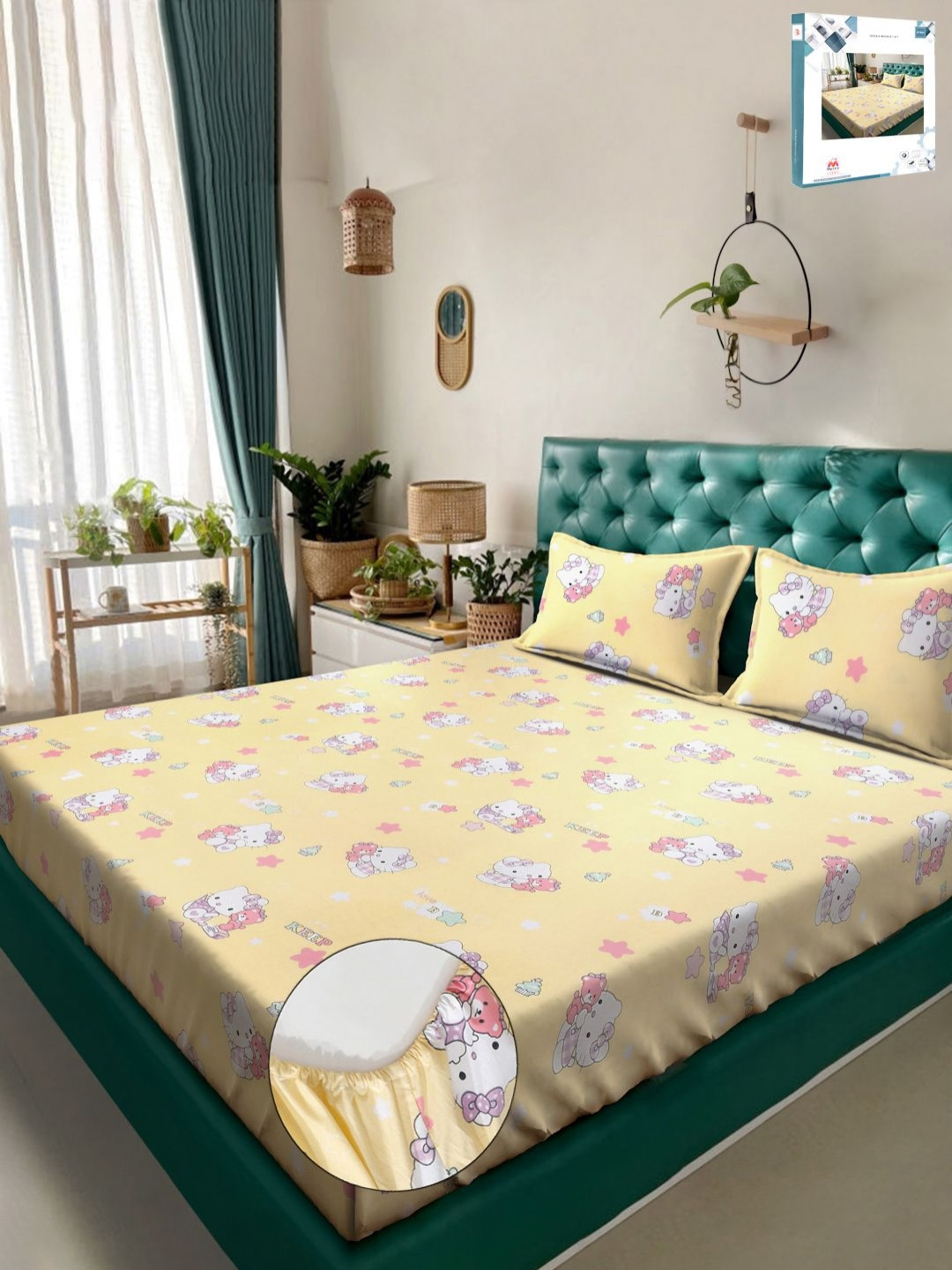 Myntra Elegant Homes Yellow Cartoon Characters Pure Cotton Soft Feel 400 TC Fitted King Fine Bedsheet with 2 Pillow Covers-98 x 89 inches