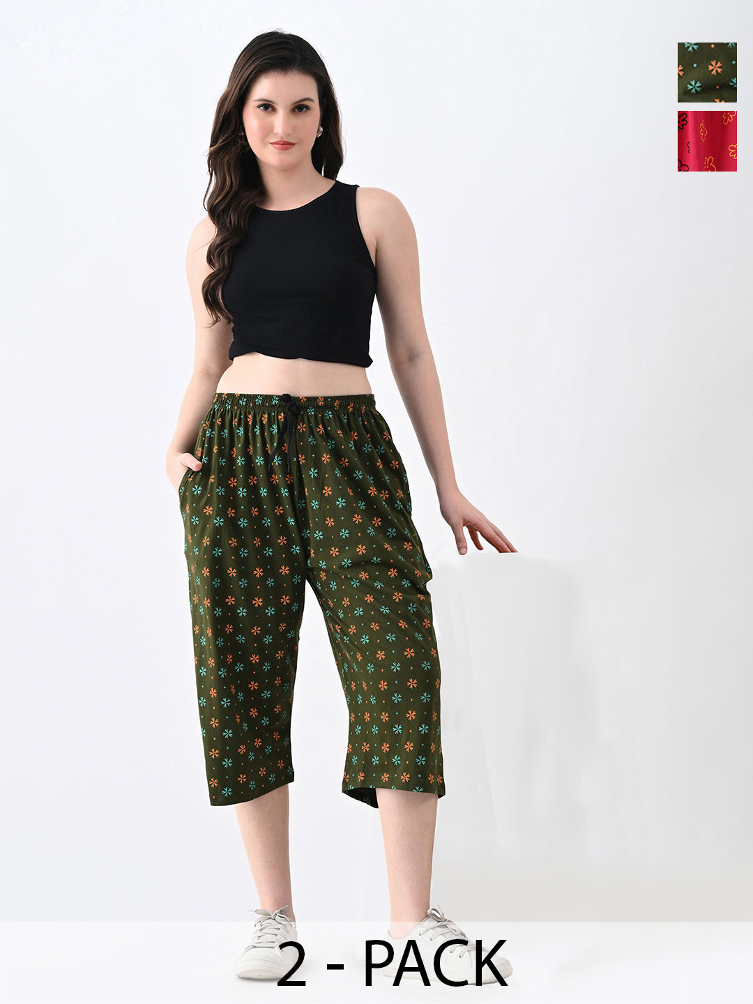 BAESD Women Pack Of 2 Cotton Allover Printed Loose Capris Pants