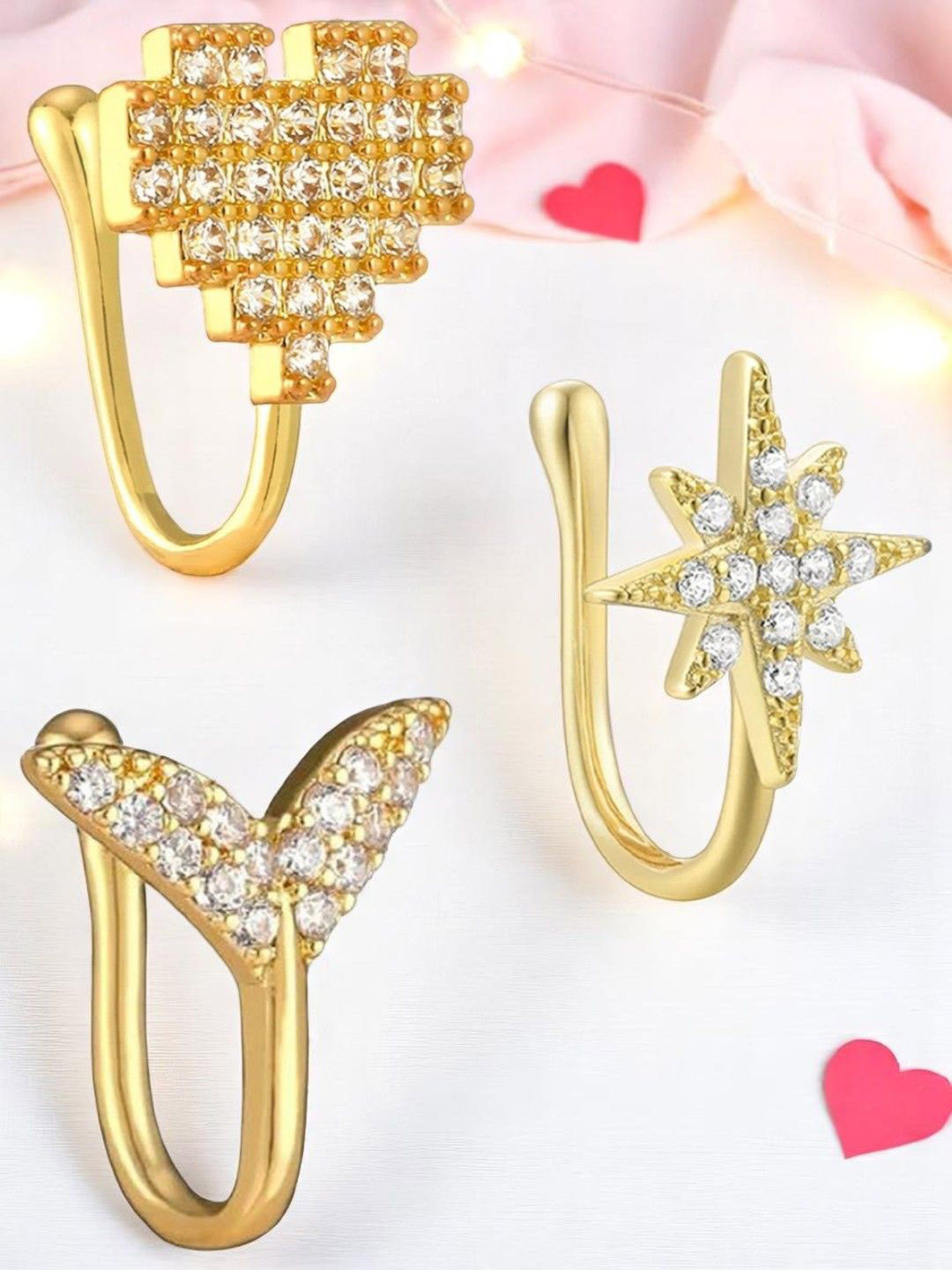 OOMPH Combo of 3 Gold Heart Fish Fin & Star Shape Zircon Stud Nosepins