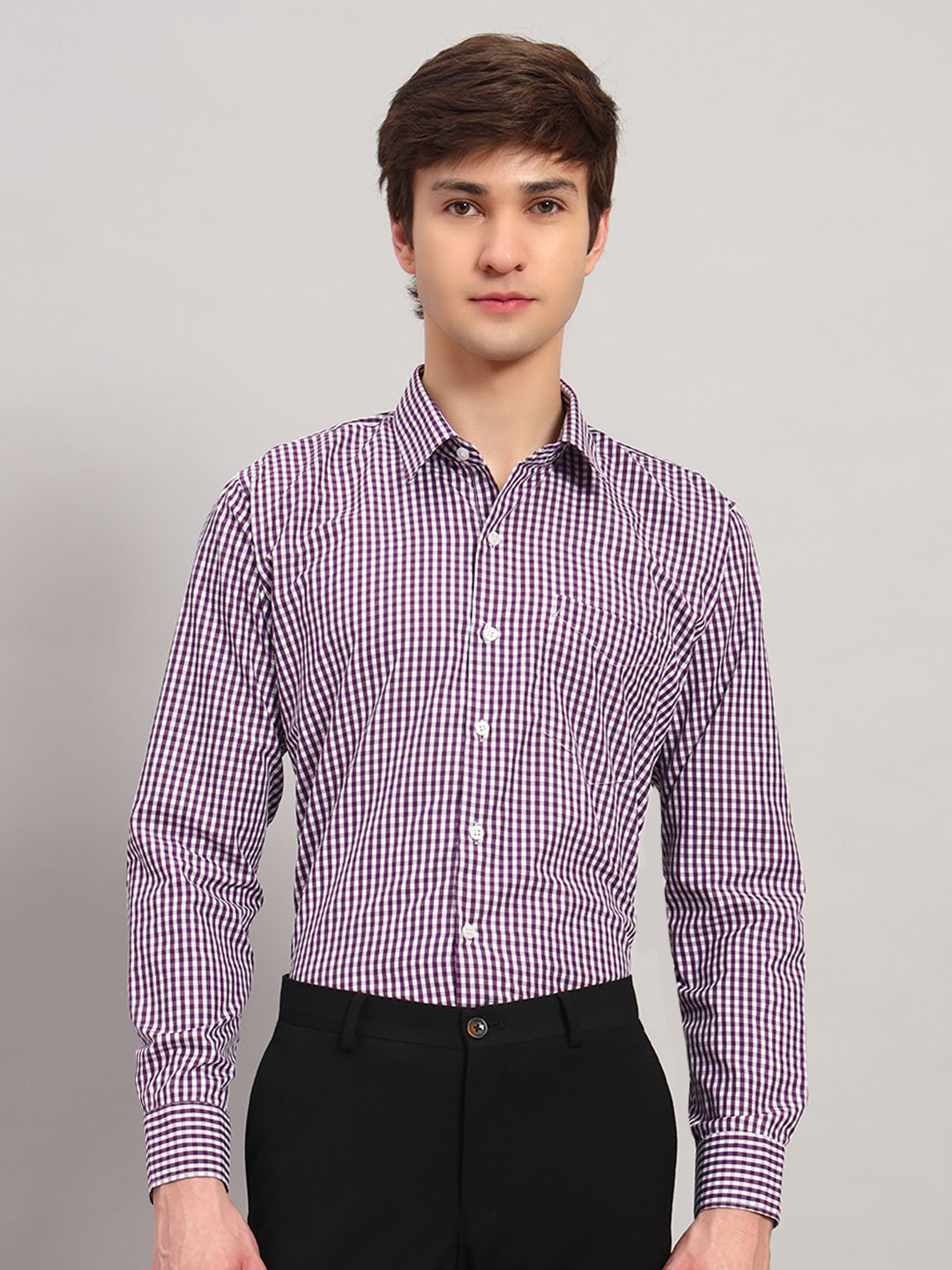 RARE CAMEL Slim Fit Checked Spread Collar Cotton Shirt