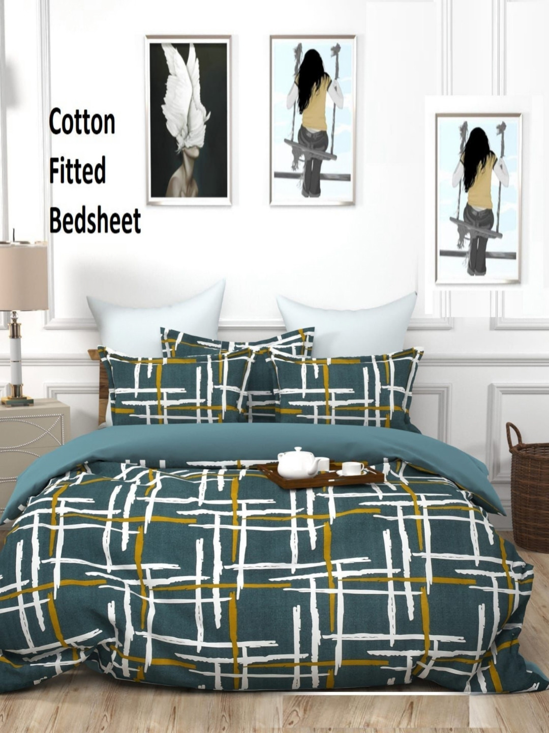 Aura Green Abstract Microfiber 144 TC Fitted King Bedsheet with 2 Pillow Covers-228 x 254 cm