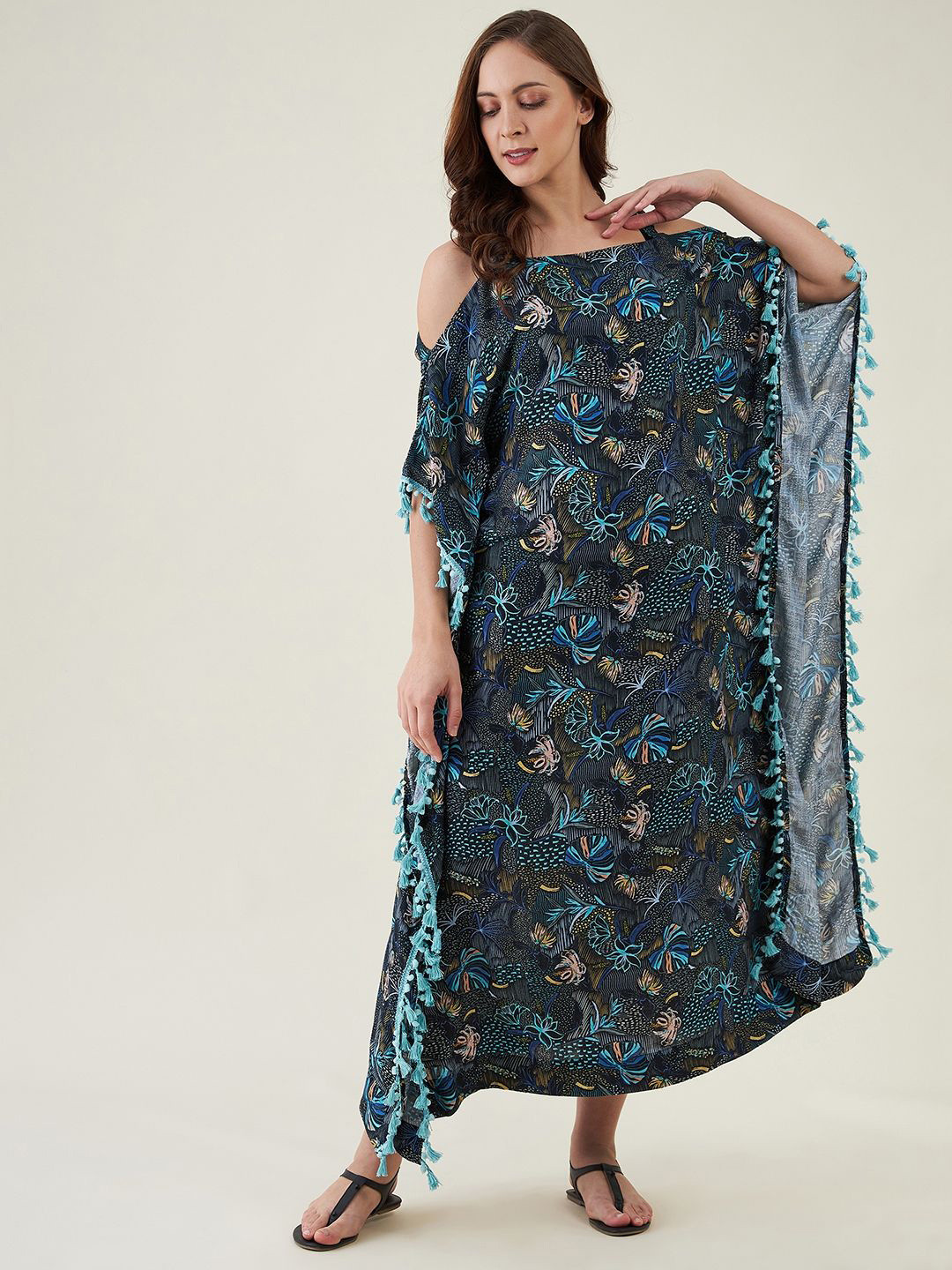 The Kaftan Company Women Floral Print Cold-Shoulder Kaftan Midi Dress