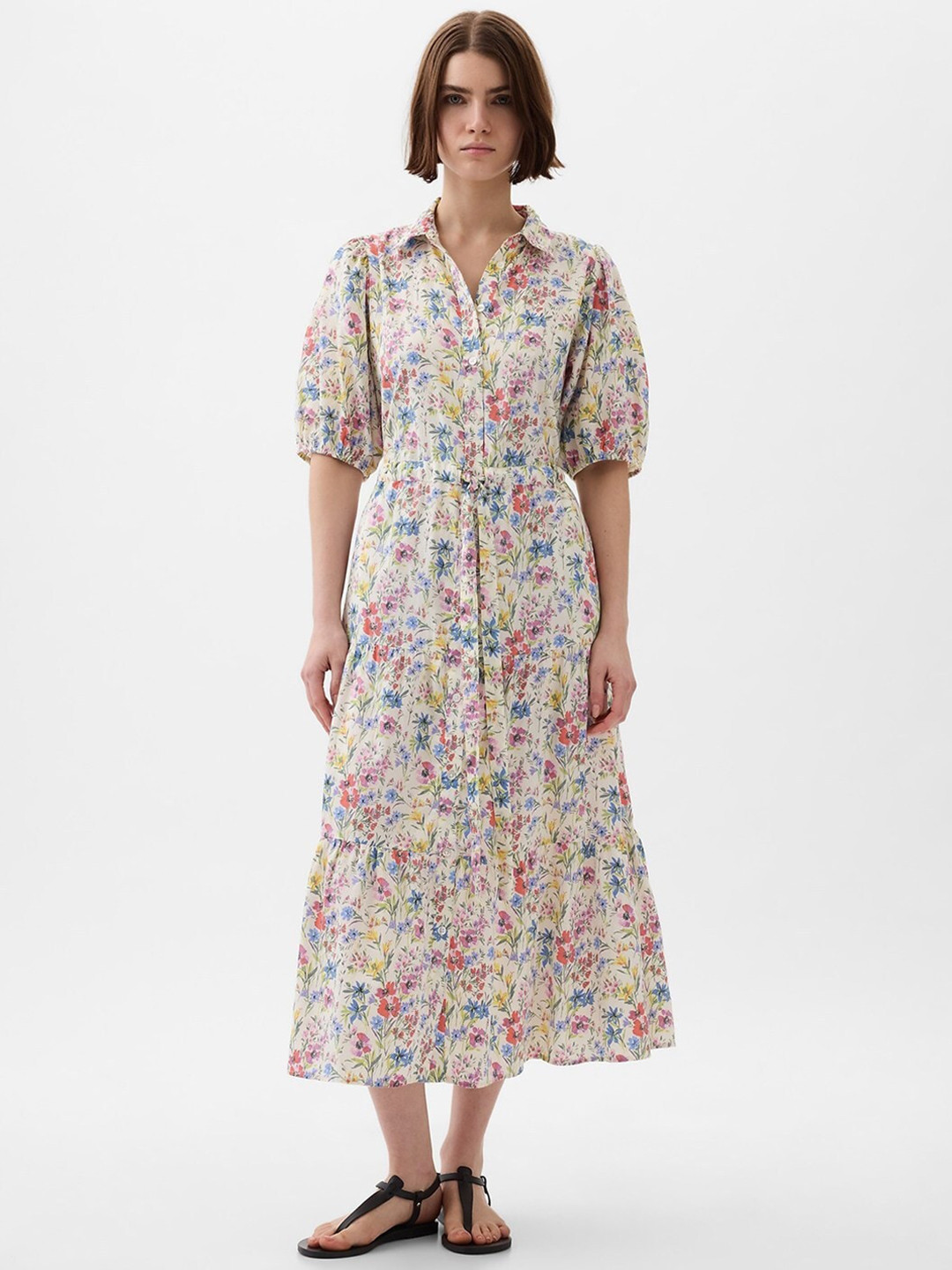 GAP Floral Print Pure Cotton Puff Sleeves Button-Down Tiered Fit & Flare Midi Dress