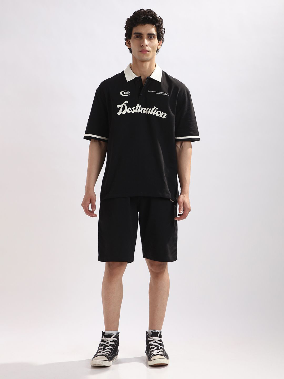 NOBERO Men Oversized Varsity Voyage Printed T-shirt & Shorts Co-Ords