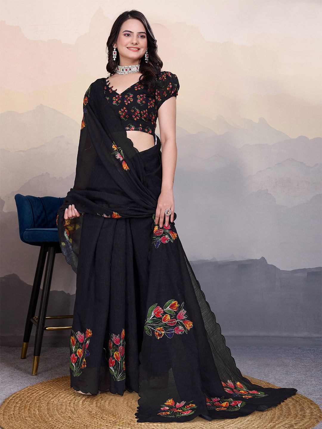 Sadika Floral Print Aari Work Arani Saree