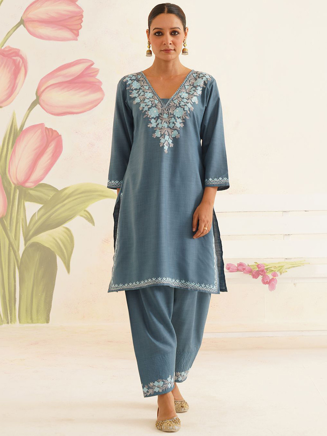Kashmir Box Kashmiri Aari Embroidery Blue Cotton Co-Ord Set