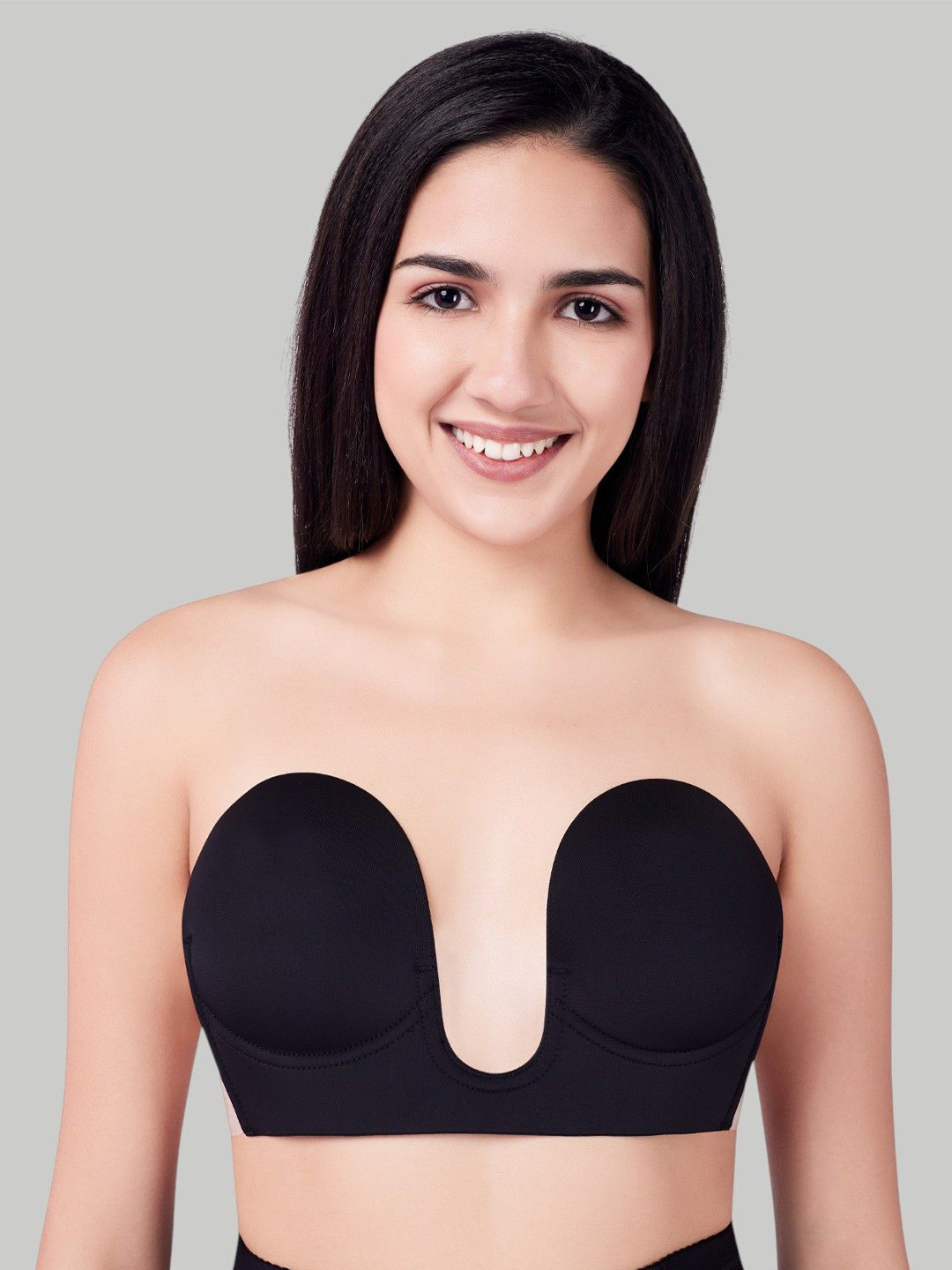 PLUMBURY Black Lightly Padded Reusable Adesive Stick on Bra