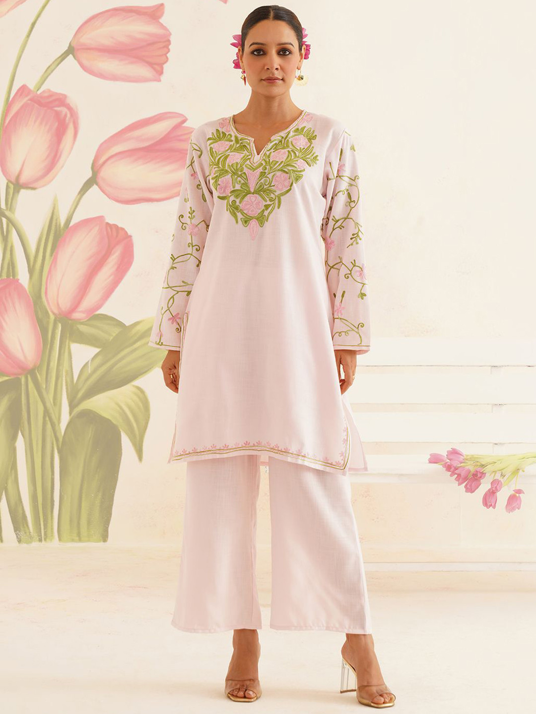 Kashmir Box Kashmiri Floral Embroidery Baby Pink Cotton Co-Ord Set