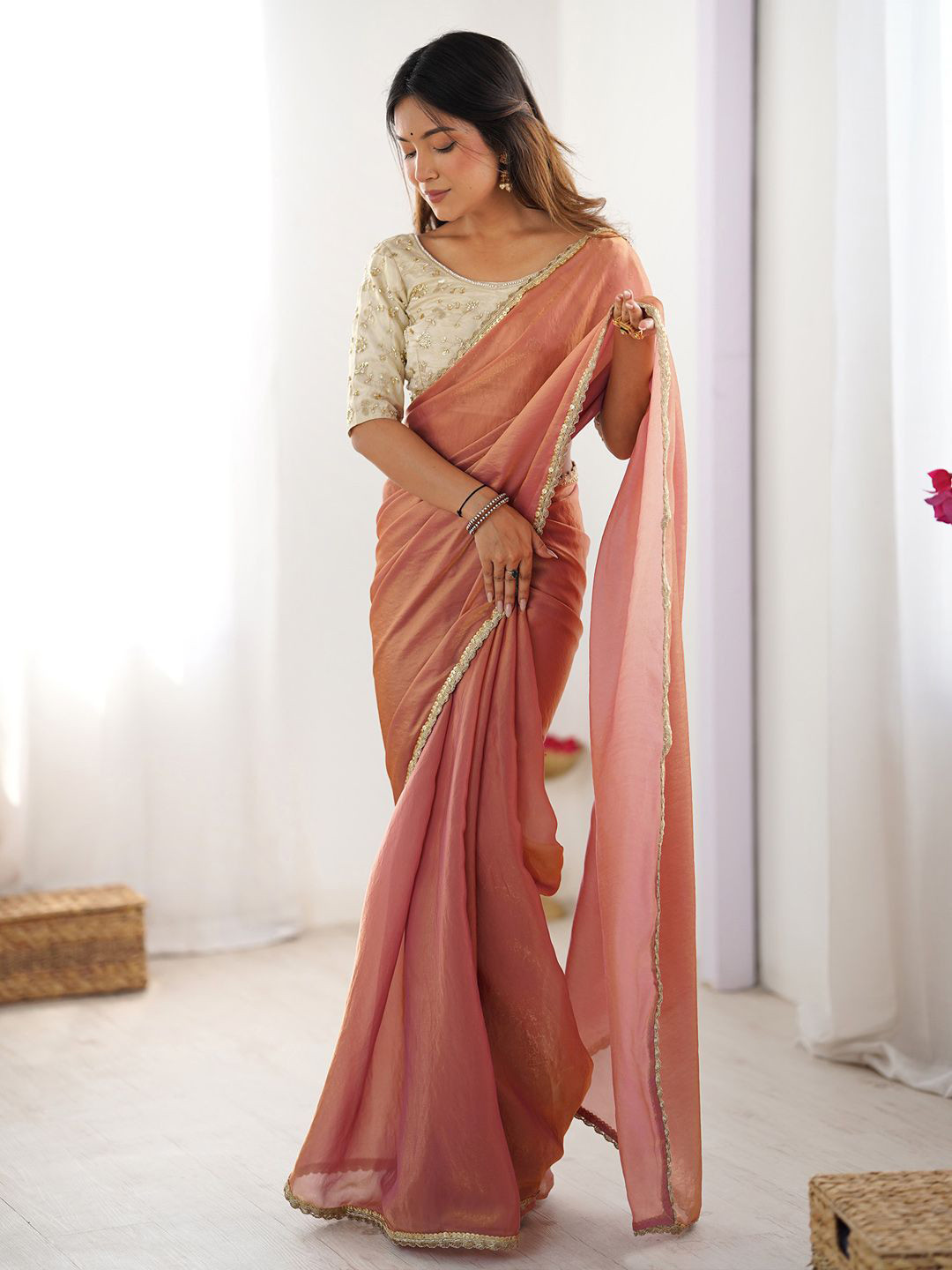 Anouk Sequinned Satin Saree With Matching Blouse