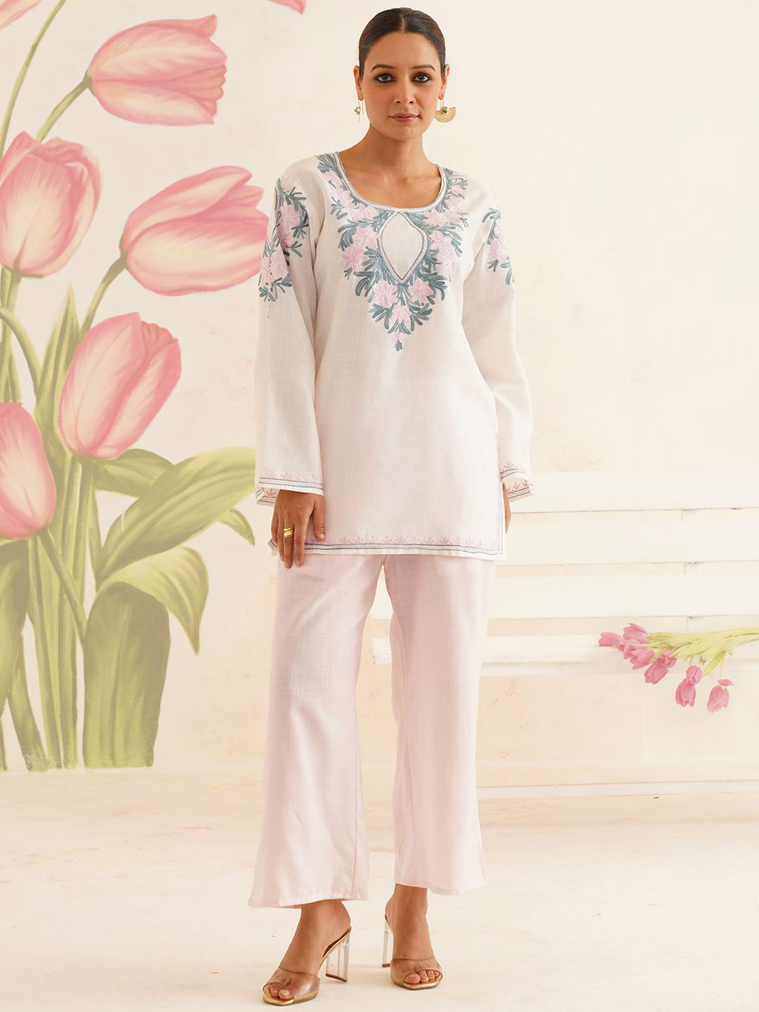Kashmir Box Kashmiri Aari Embroidery White Cotton Co-Ord Set