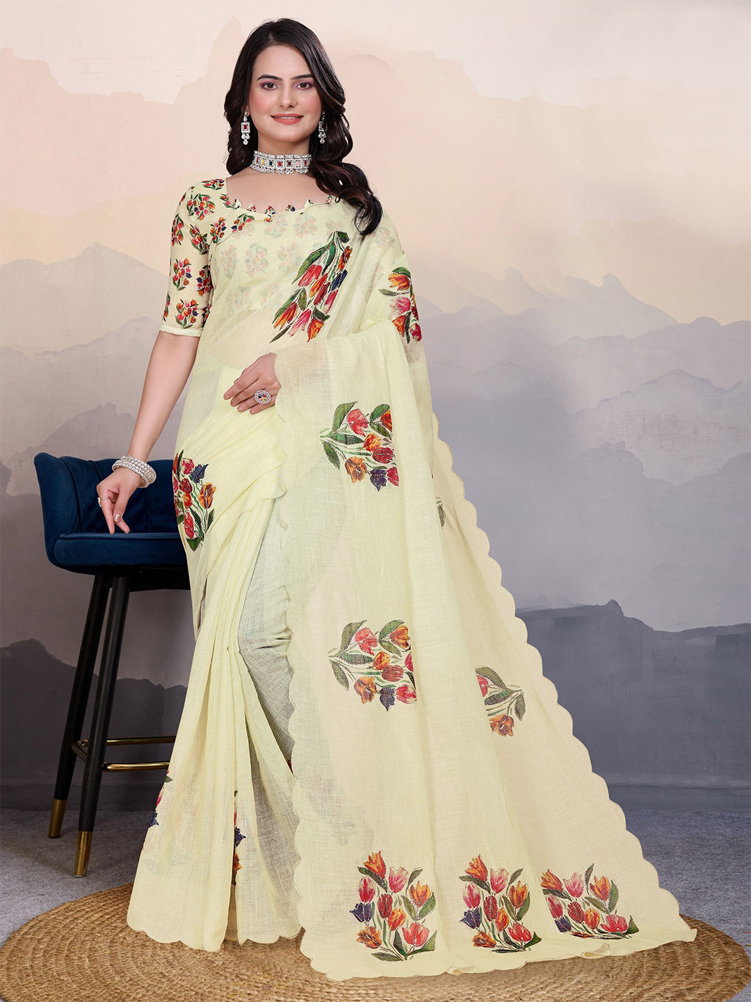 Sadika Floral Printed Aari Work Arani Saree