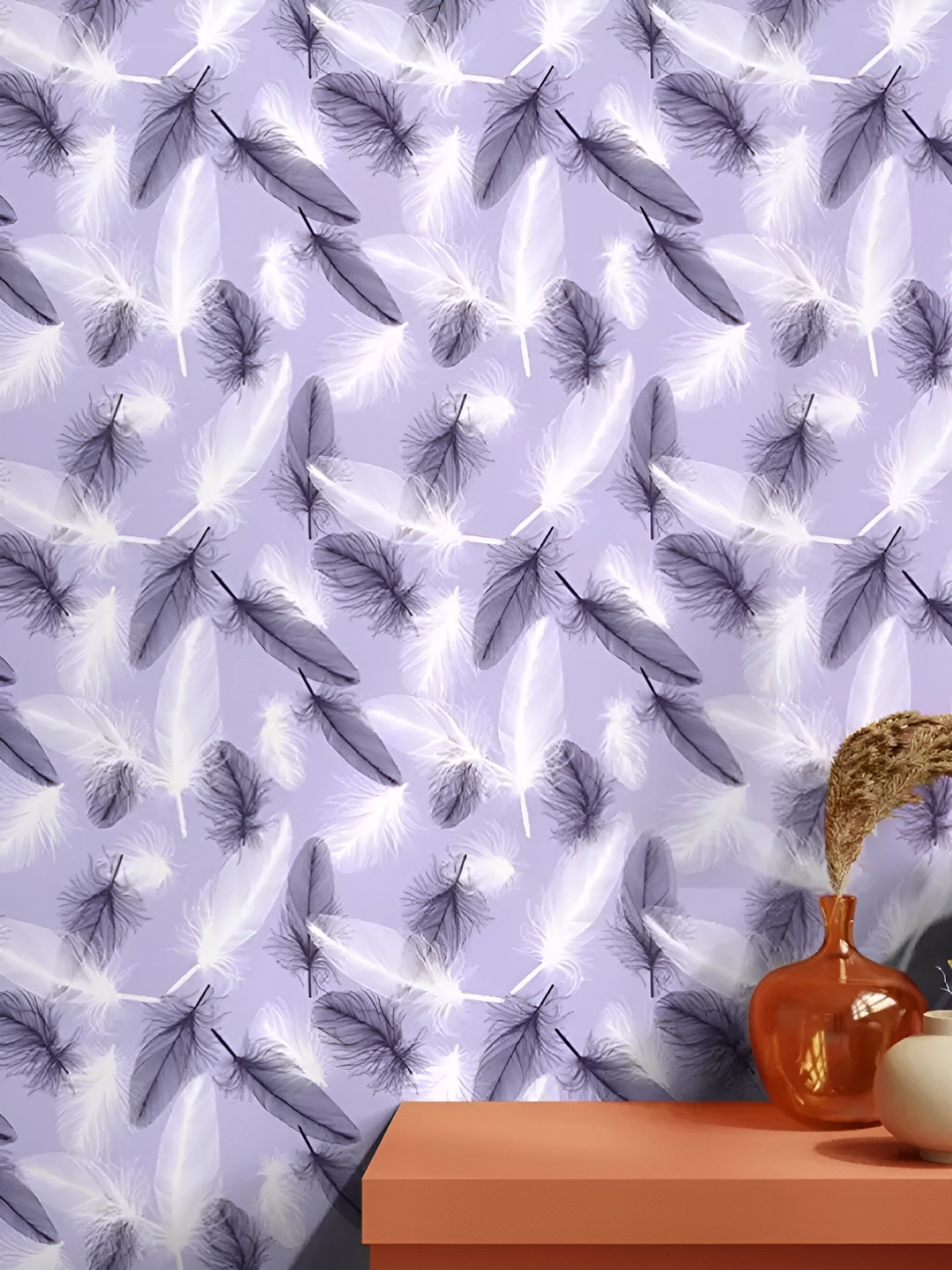 INDIAN ROYALS Purple & White Feathers Peel & Stick Waterproof Self-Adhesive Wallpaper