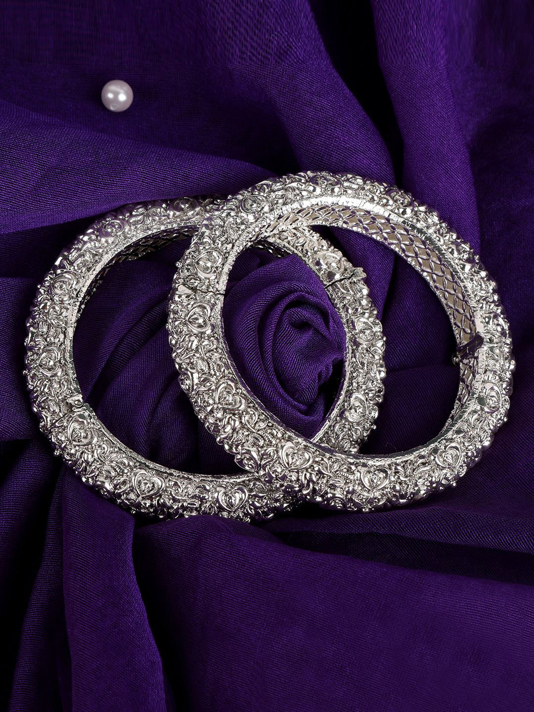 House of Pataudi Set Of 2 Silver Plated Heart & Floral Textured Bangles