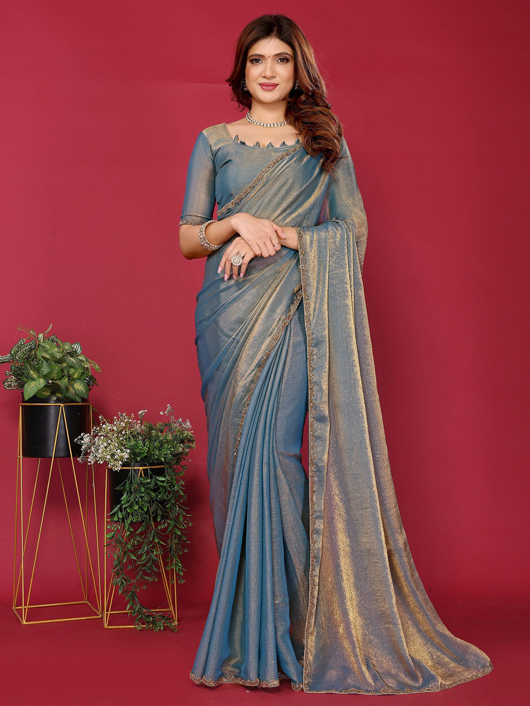 ALAGINI Embellished Beads and Stones Satin Saree