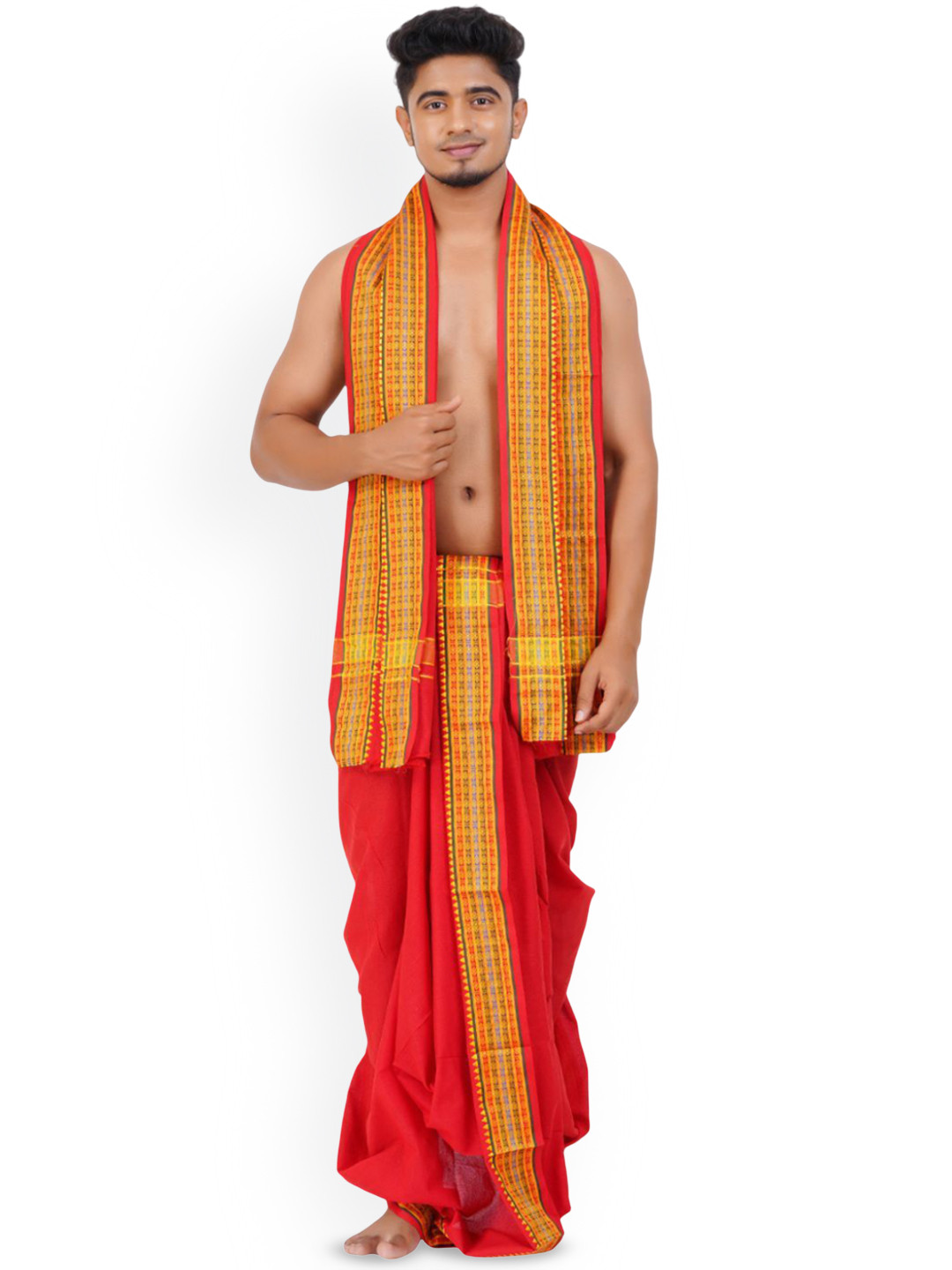 Ethazh Men Red Cotton Blend Solid 2 Inch Border Double Layer Dhoti with Angavastram