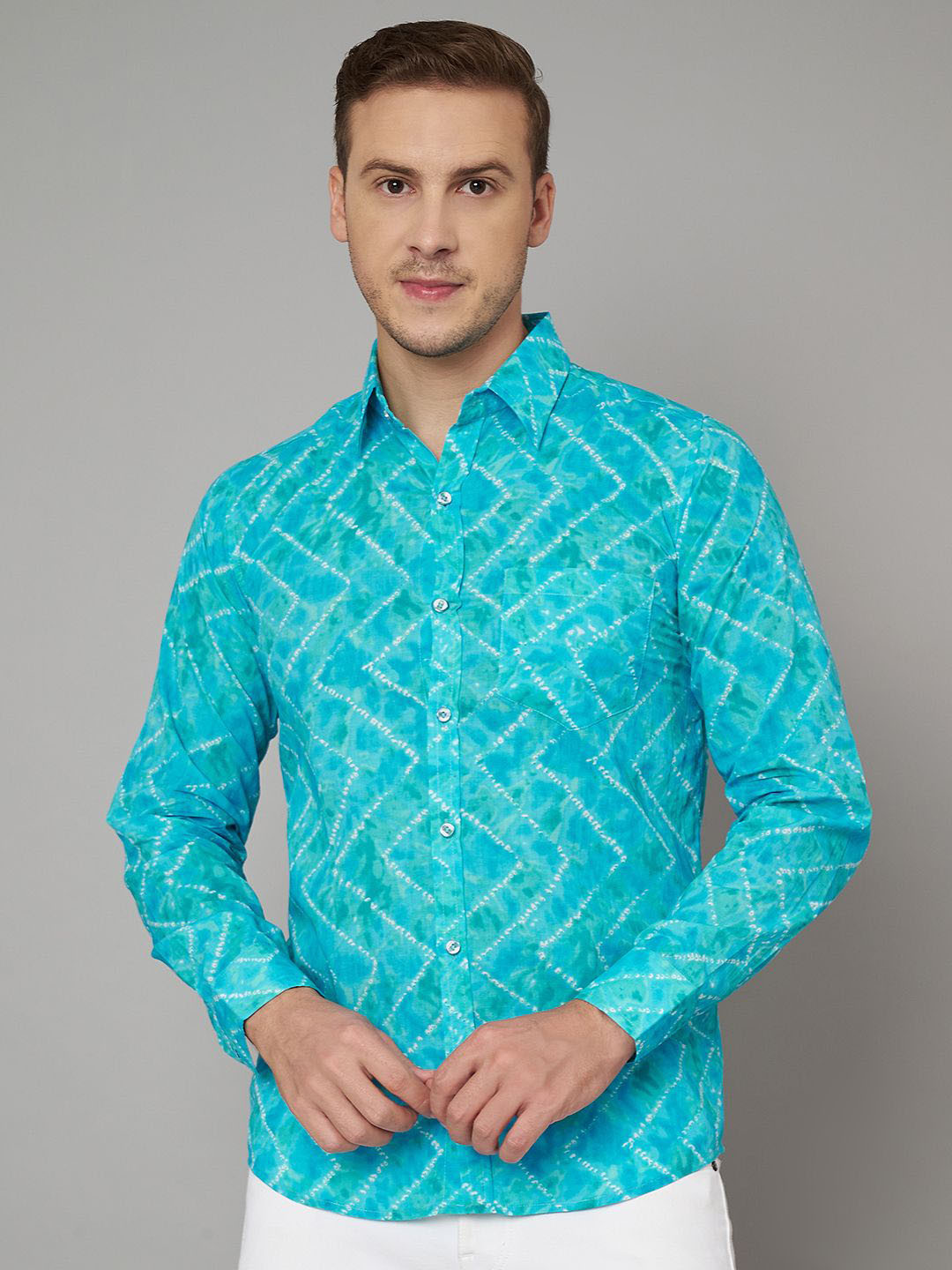 JAPER KURTI Relaxed Geometrical Tie And Die Printed Spread Collar Pure Cotton Shirt
