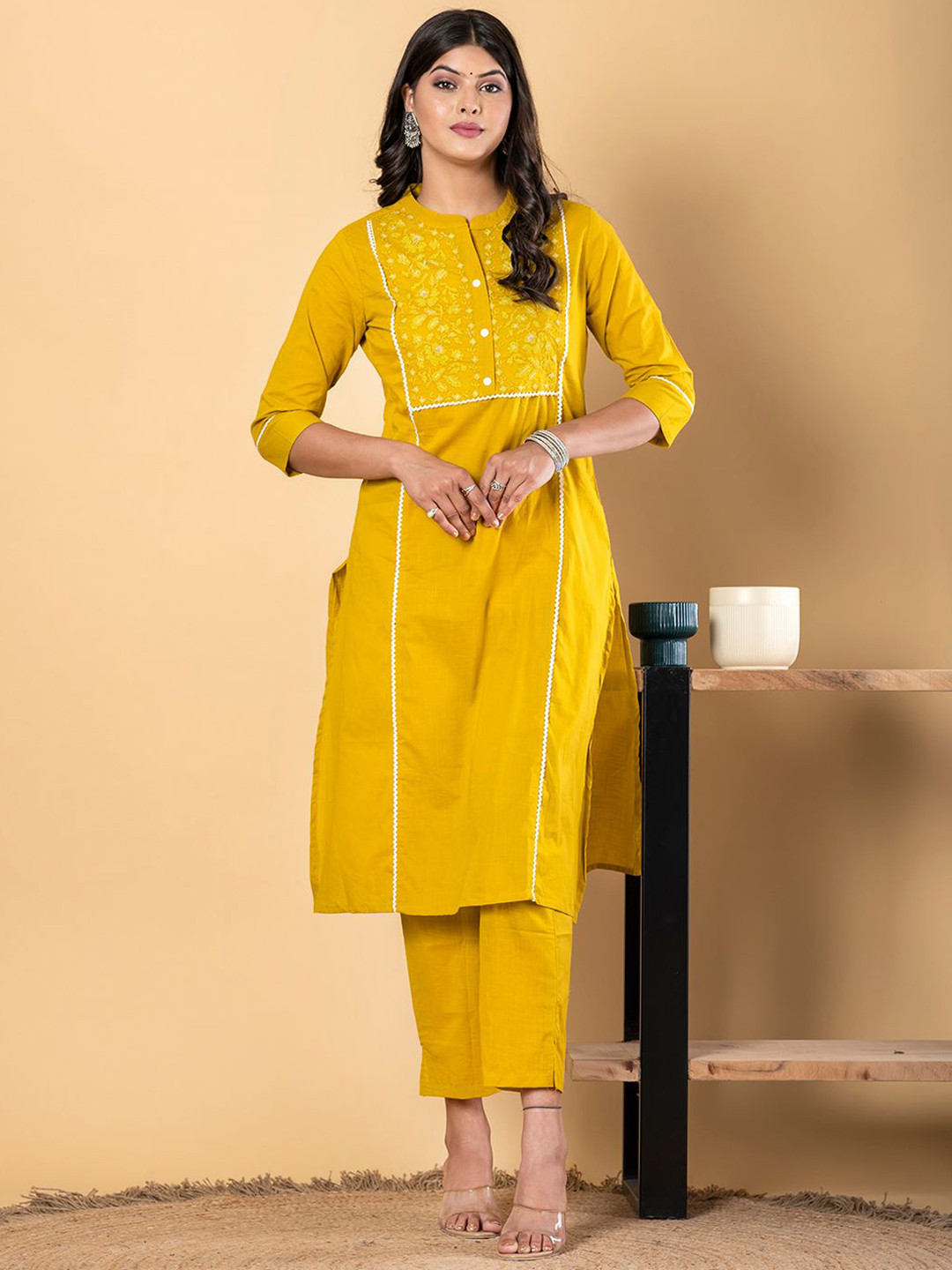 Readiprint Floral Embroidered Pure Cotton Mandarin Collar Straight Kurta With Palazzos
