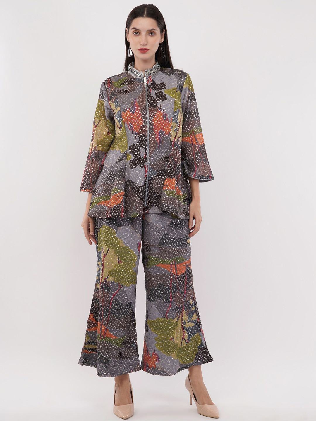 dhartii Summer Garden Embroidered Longline Shirt With Trouser Co-Ords