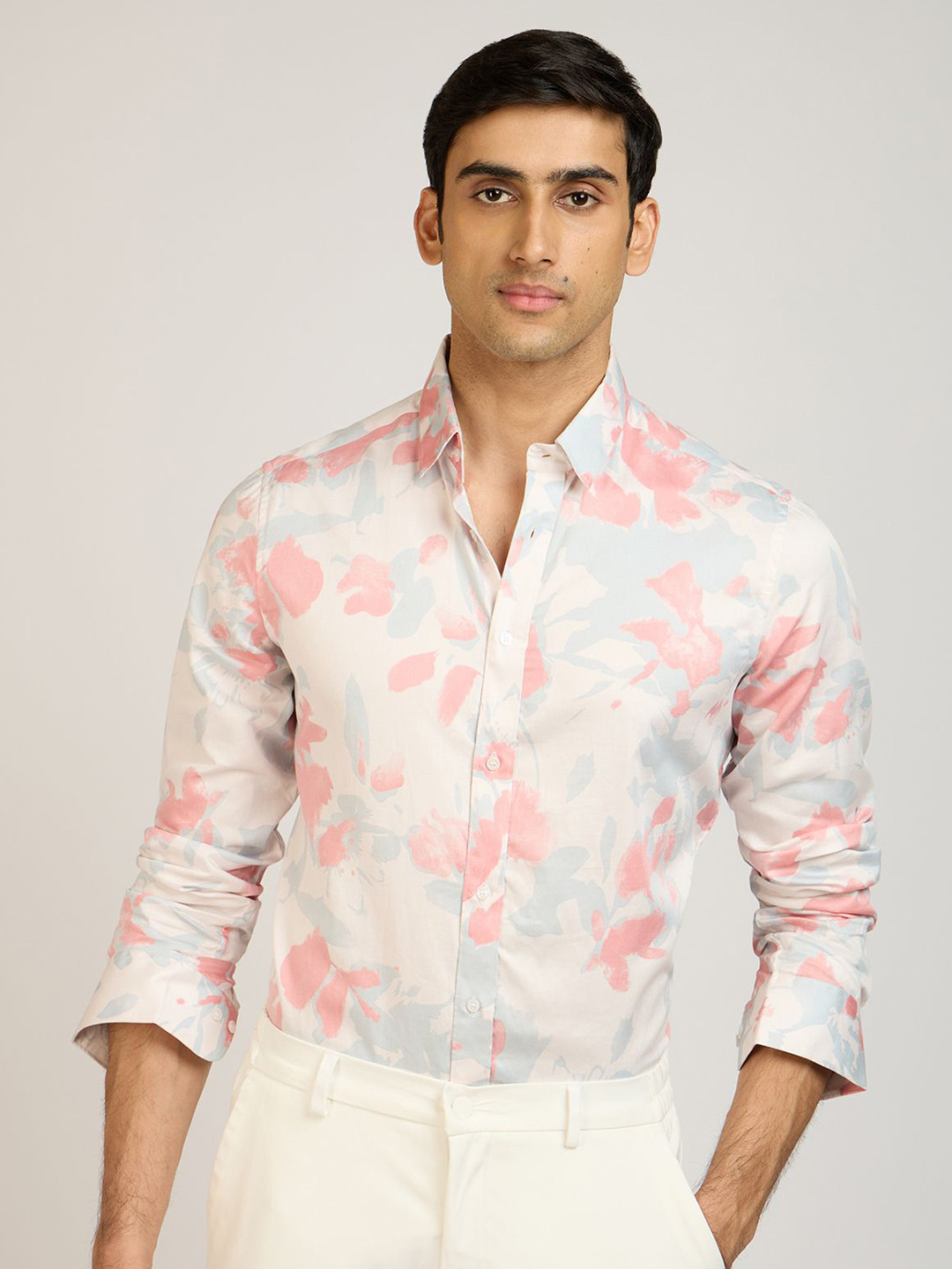 PB & J Abstract Printed Spread Collar Satin Shirt