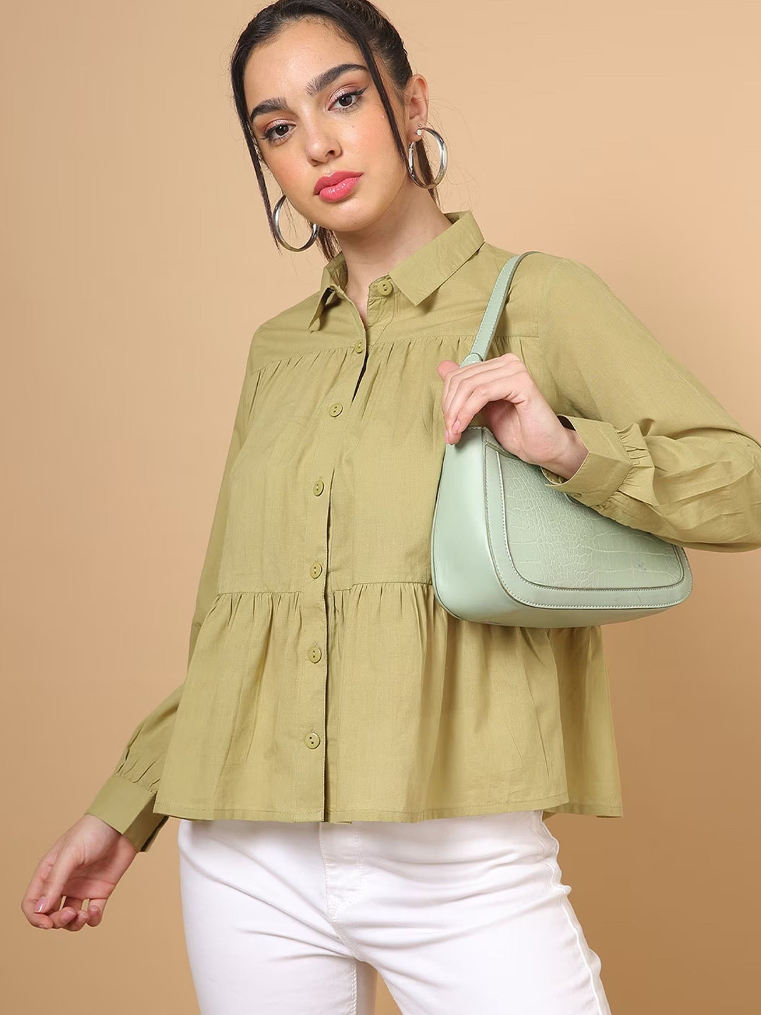 SAKURA Relaxed Fit Long Sleeves Cotton Peplum Top