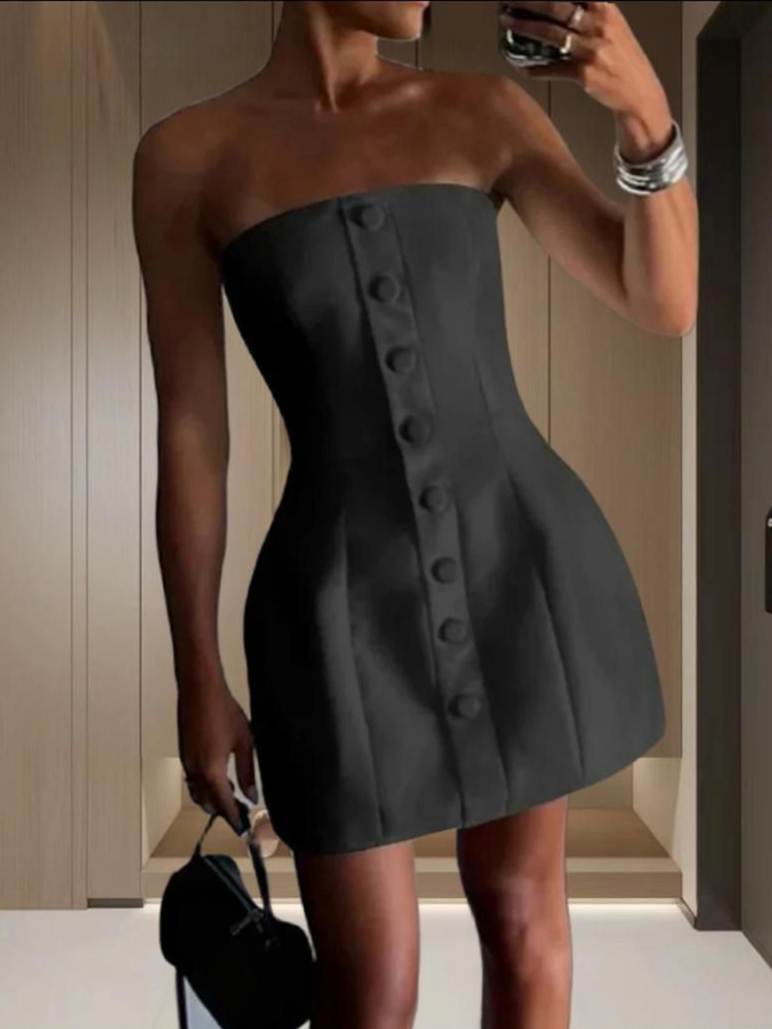 Miss Mosa By Akanksha  Women Black Lera Button Bandeau Mini Dress