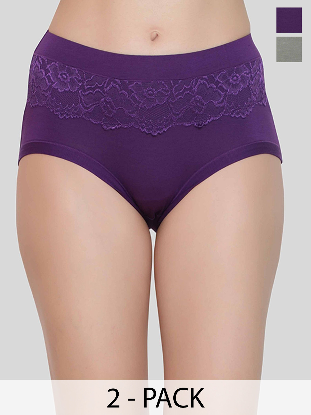 Glamoras 2-Pc High-Rise Seamless Lace Trim Hipster Briefs GL-LACEPANTY-1237-GREEN-D.PURPLE