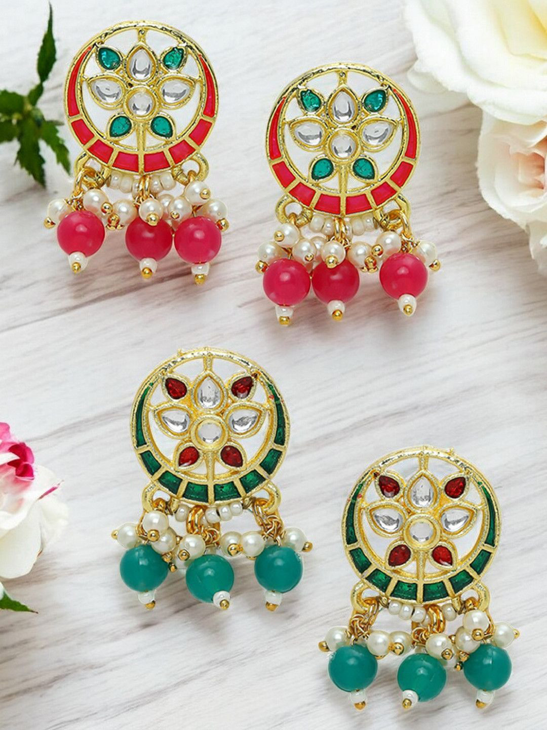 Anouk Set of 2 Gold-Plated Kundan Circular Shaped Meenakari Circular Shaped Drop Earrings
