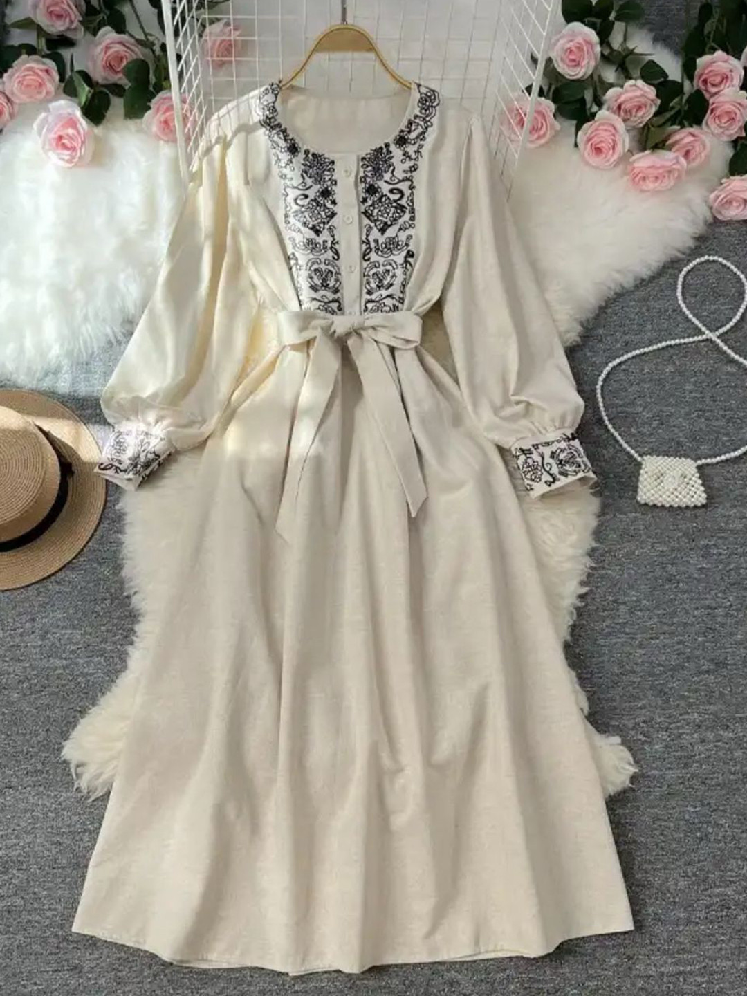 Miss Mosa By Akanksha  Beige Lyra Statement Belted Dress