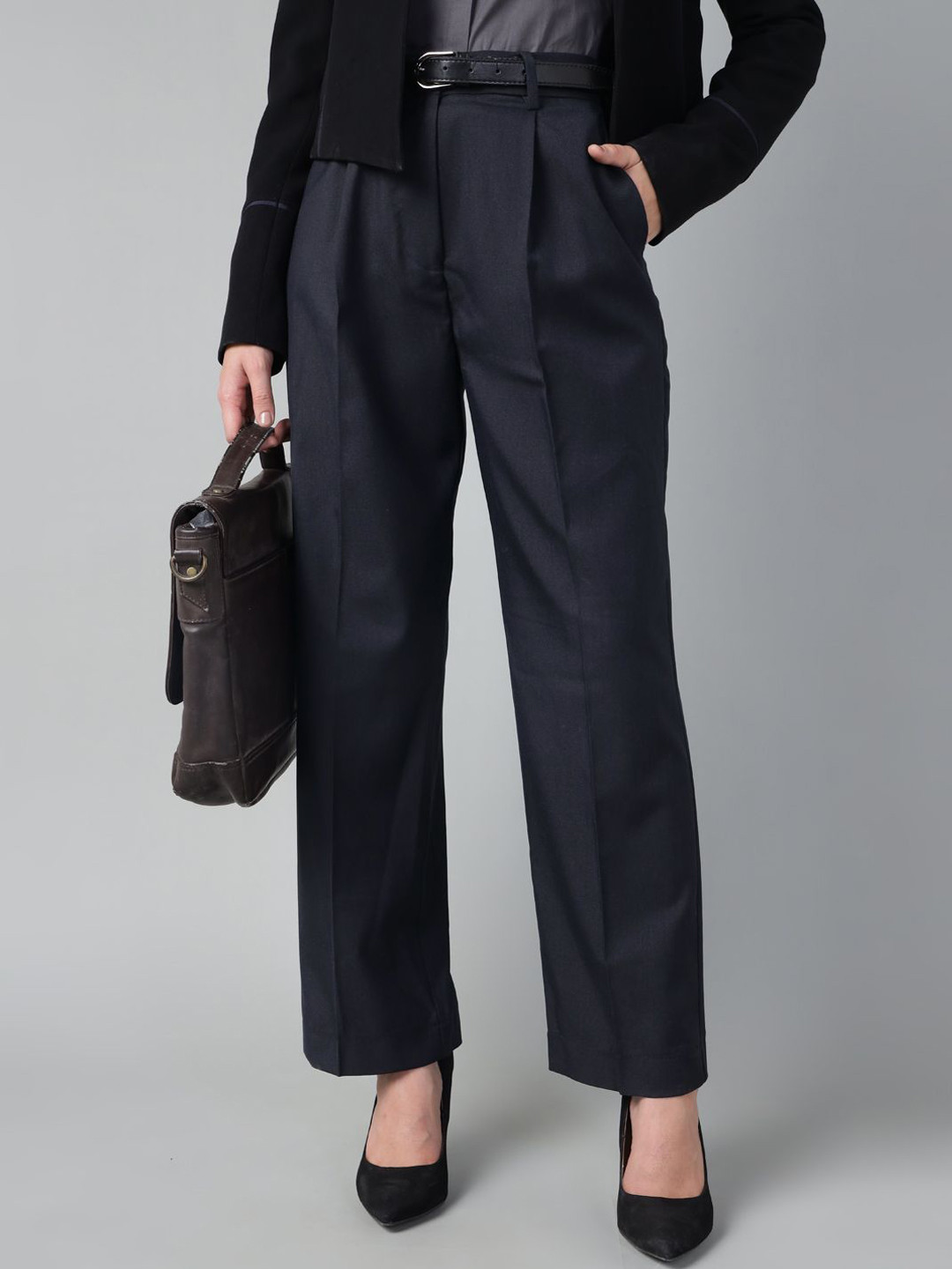 Hancock Women Wide Leg Pleated High-Rise Wrinkle Resistant Stretchable Formal Trousers