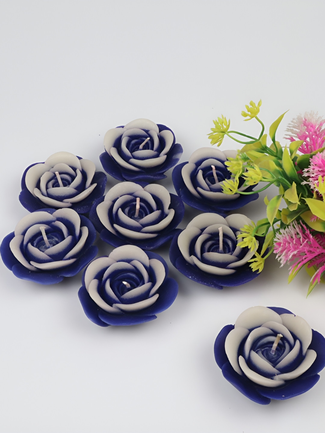 Shraddha Creation Aqua Fragrance, Two Tone Floating Rose, Blue Color Home Decor 8Pcs Scented Candles