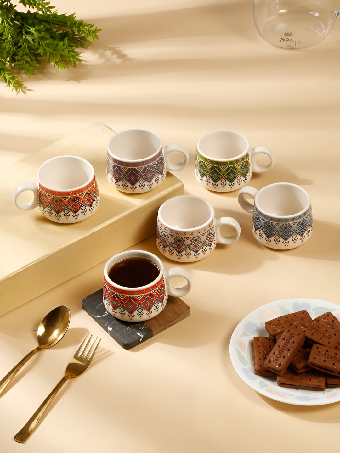 Myntra Elegant Homes Stackable Studio Pottery Off White Ethnic Motifs Ceramic Handcrafted 6 Piece Cups-250ml