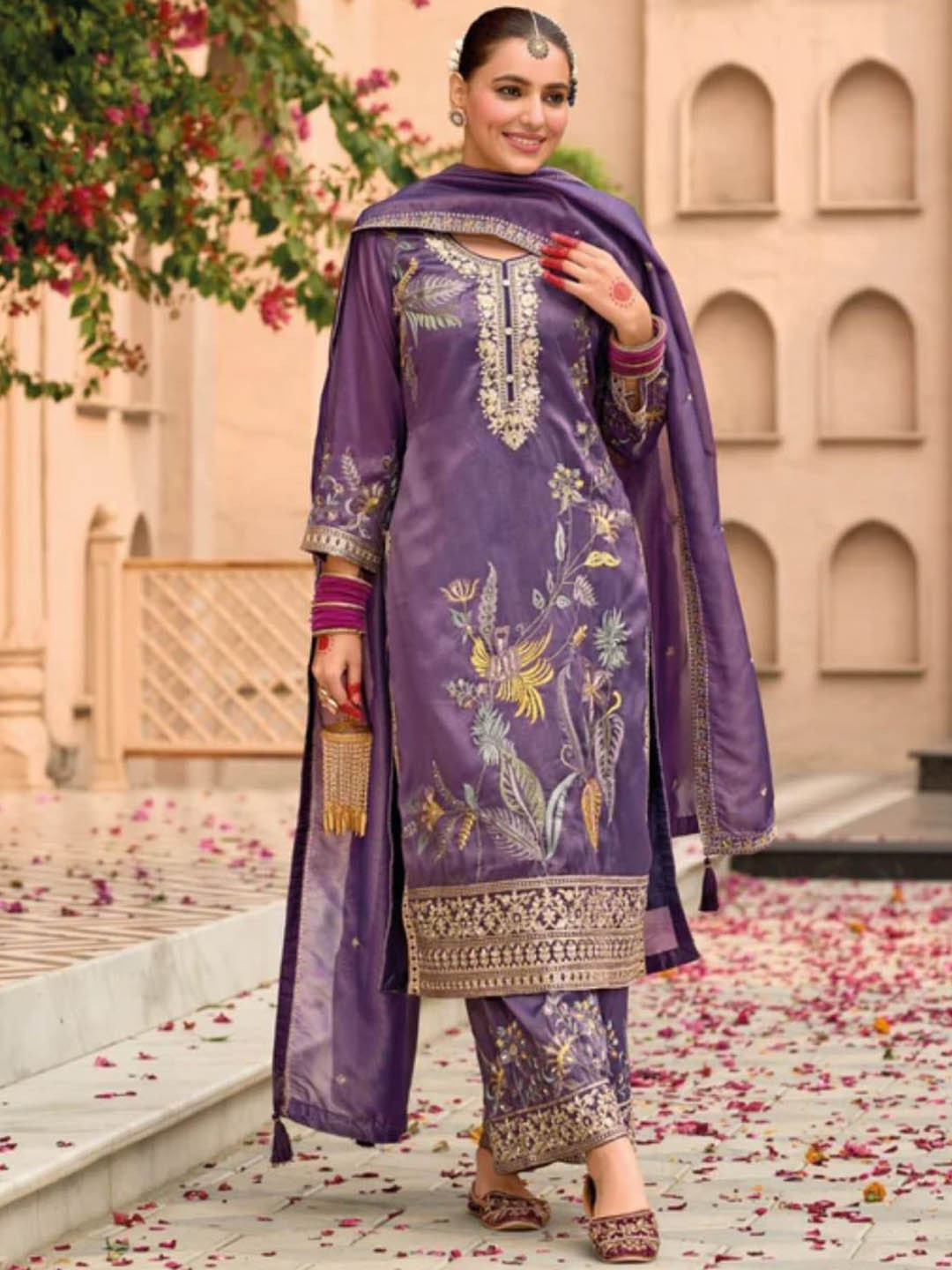Bel a Vous Floral Printed Thread Work Organza Straight Kurta With Trousers & Dupatta