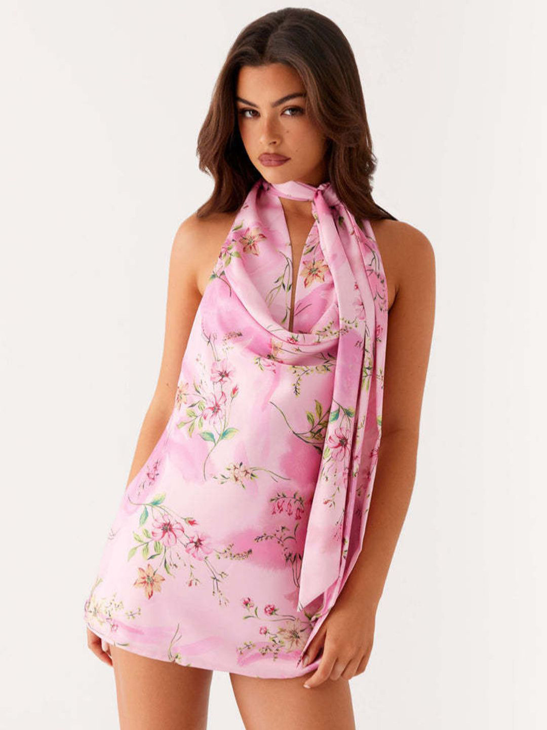 bebe Pink Floral Print Cowl Halter Neck Open Back Mini Dress