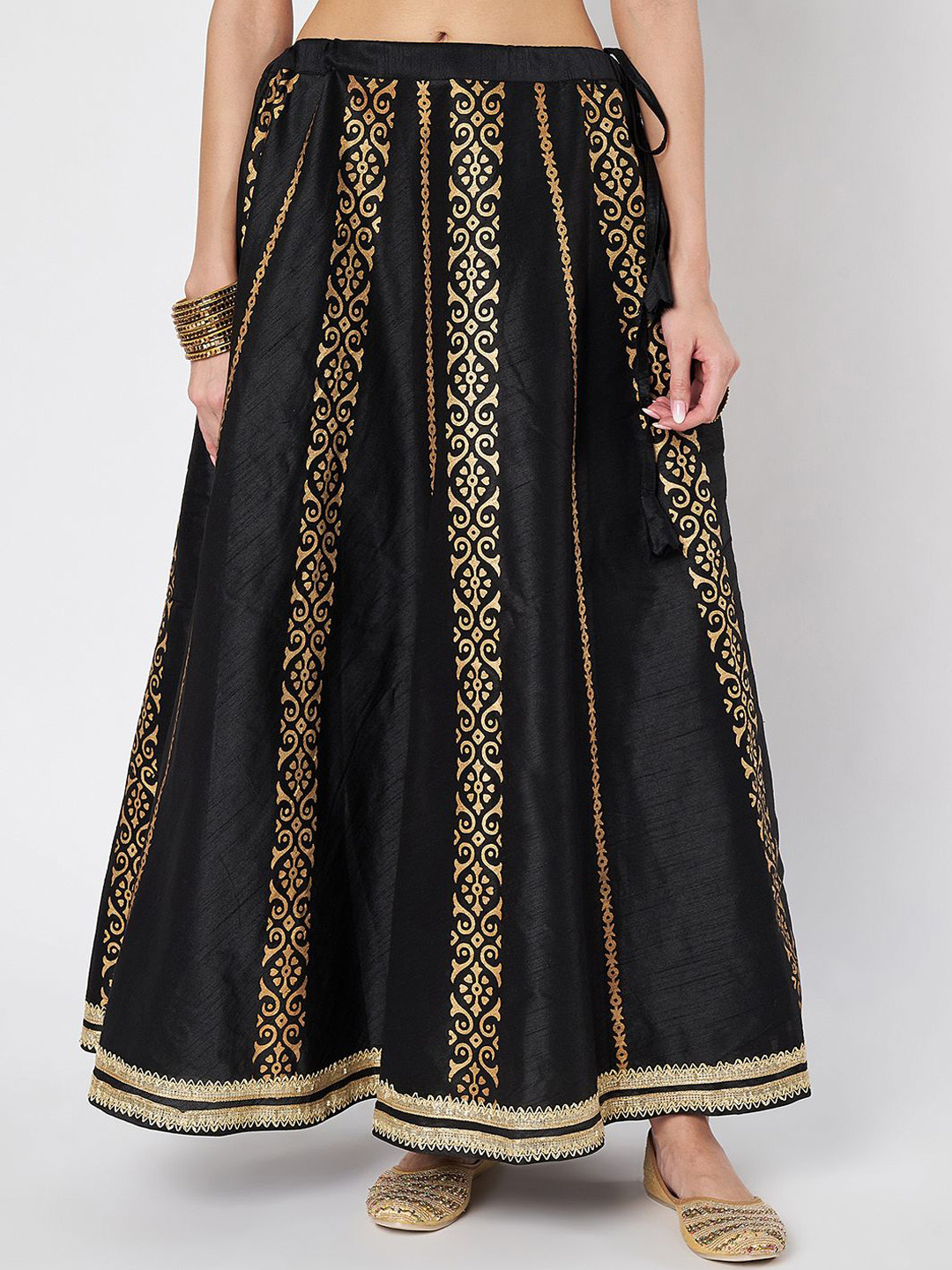 studio rasa Dupion Hand Block Printed Embellished Bias A-Line Maxi Skirt